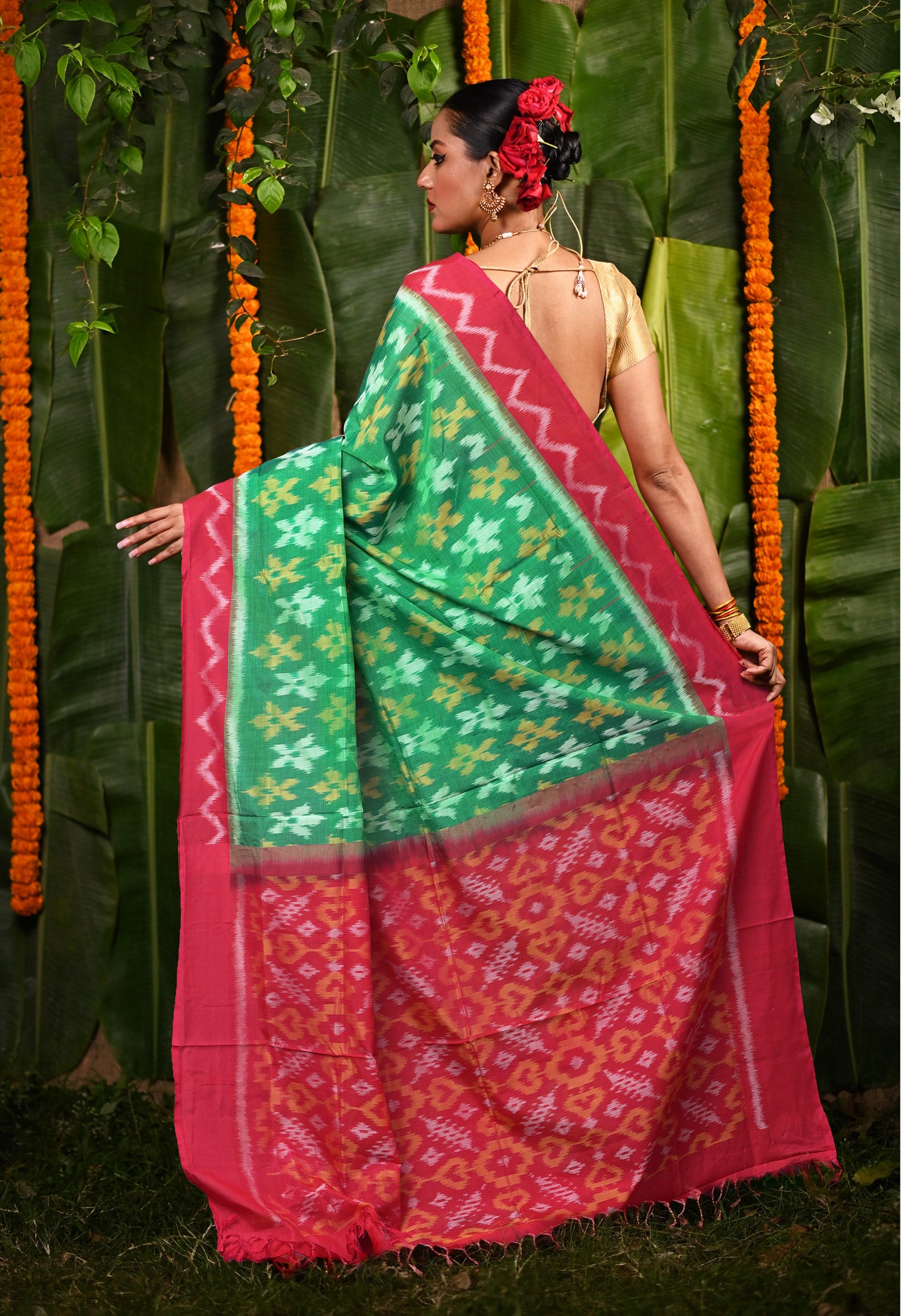 Green-Pink Pure Pochampally Mercerized Cotton Silk Saree-UNM82107