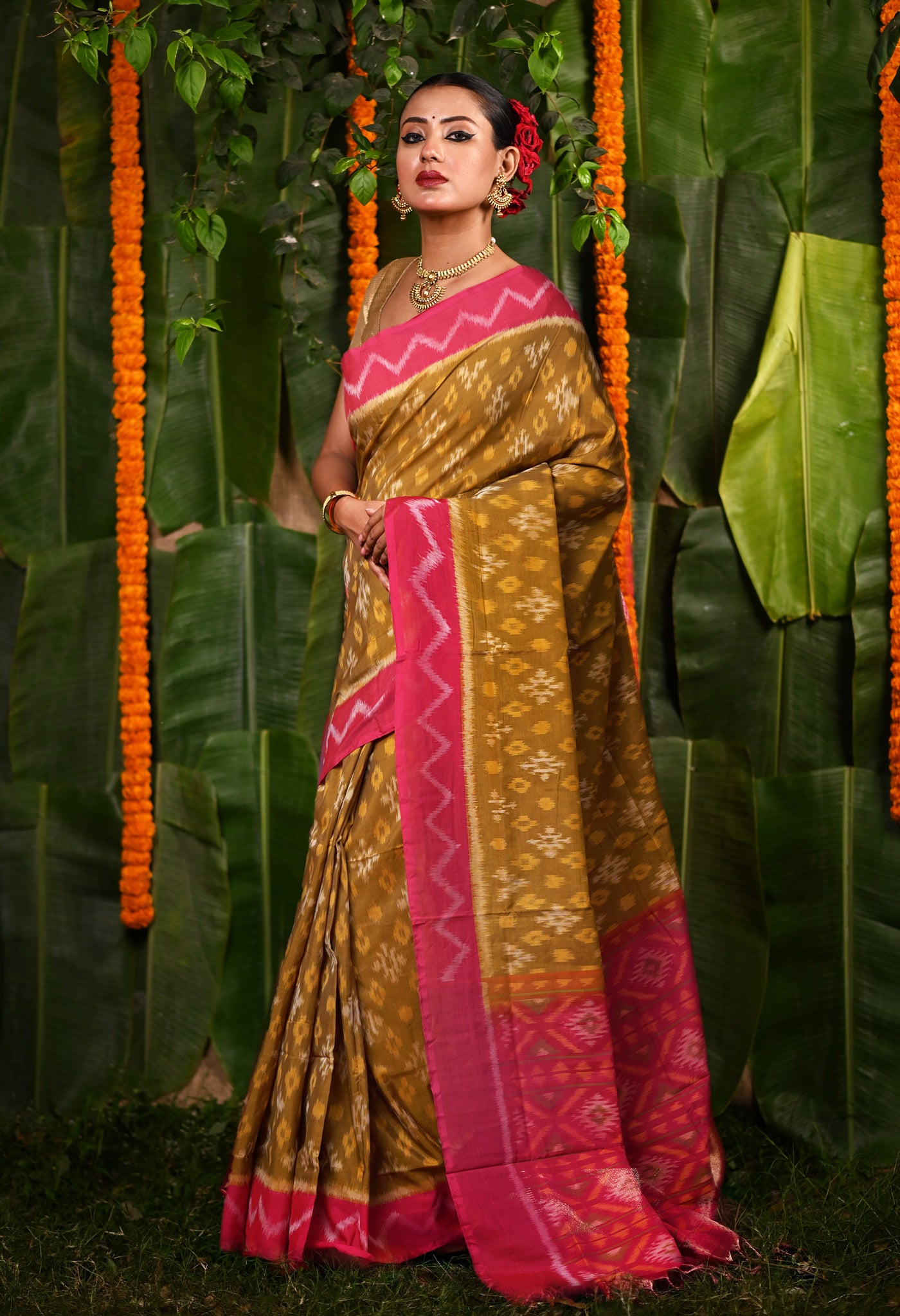Mustard Yellow-Pink Pure Pochampally Mercerized Cotton Silk Saree-UNM82109