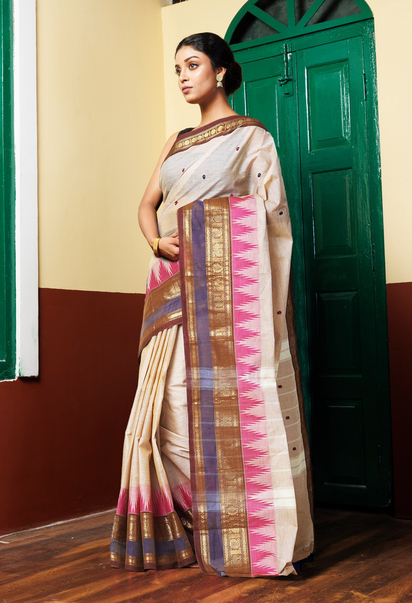 Cream Pure Pavani Handcrafted Kanchi Cotton Saree-UNM82185