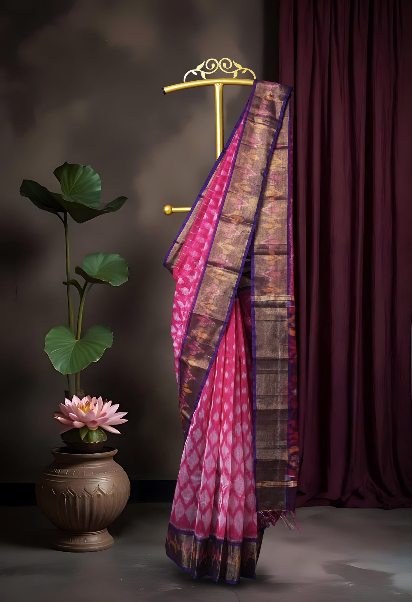 Pink-Dark Blue Pure Pochampally Cotton Silk Saree-UNM82269