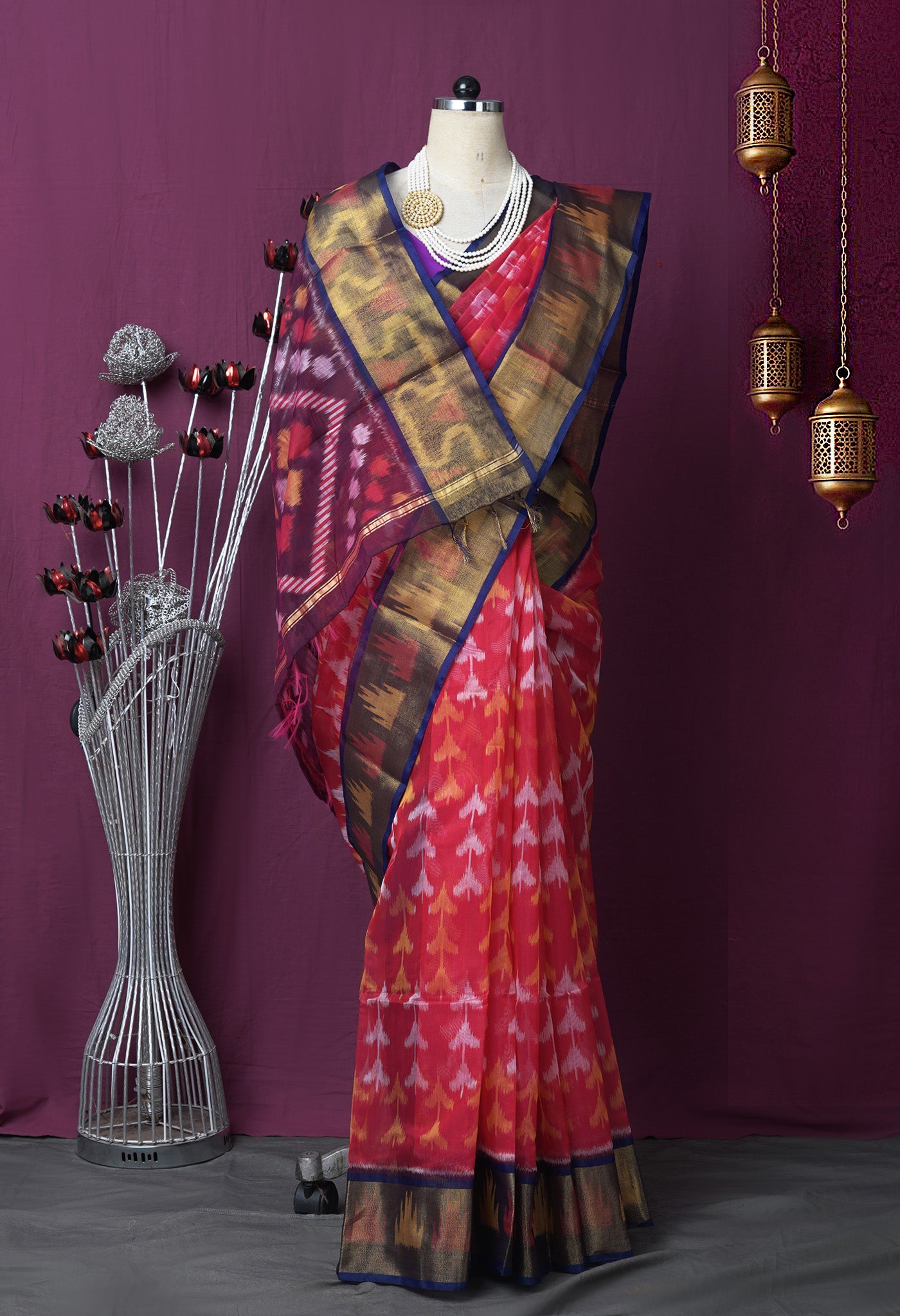 Pink-Dark Blue Pure Pochampally Cotton Silk Saree-UNM82277