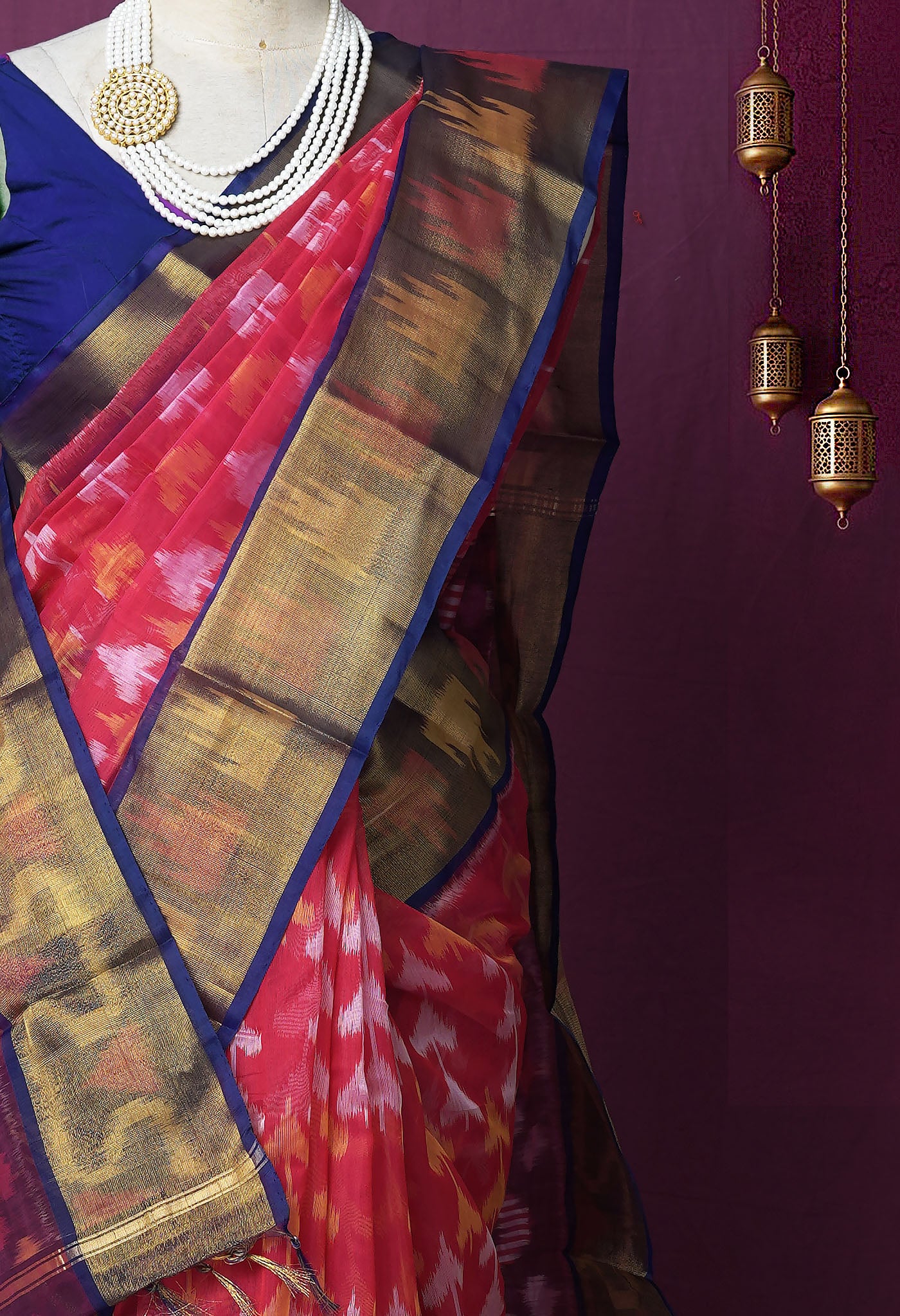 Pink-Dark Blue Pure Pochampally Cotton Silk Saree-UNM82277