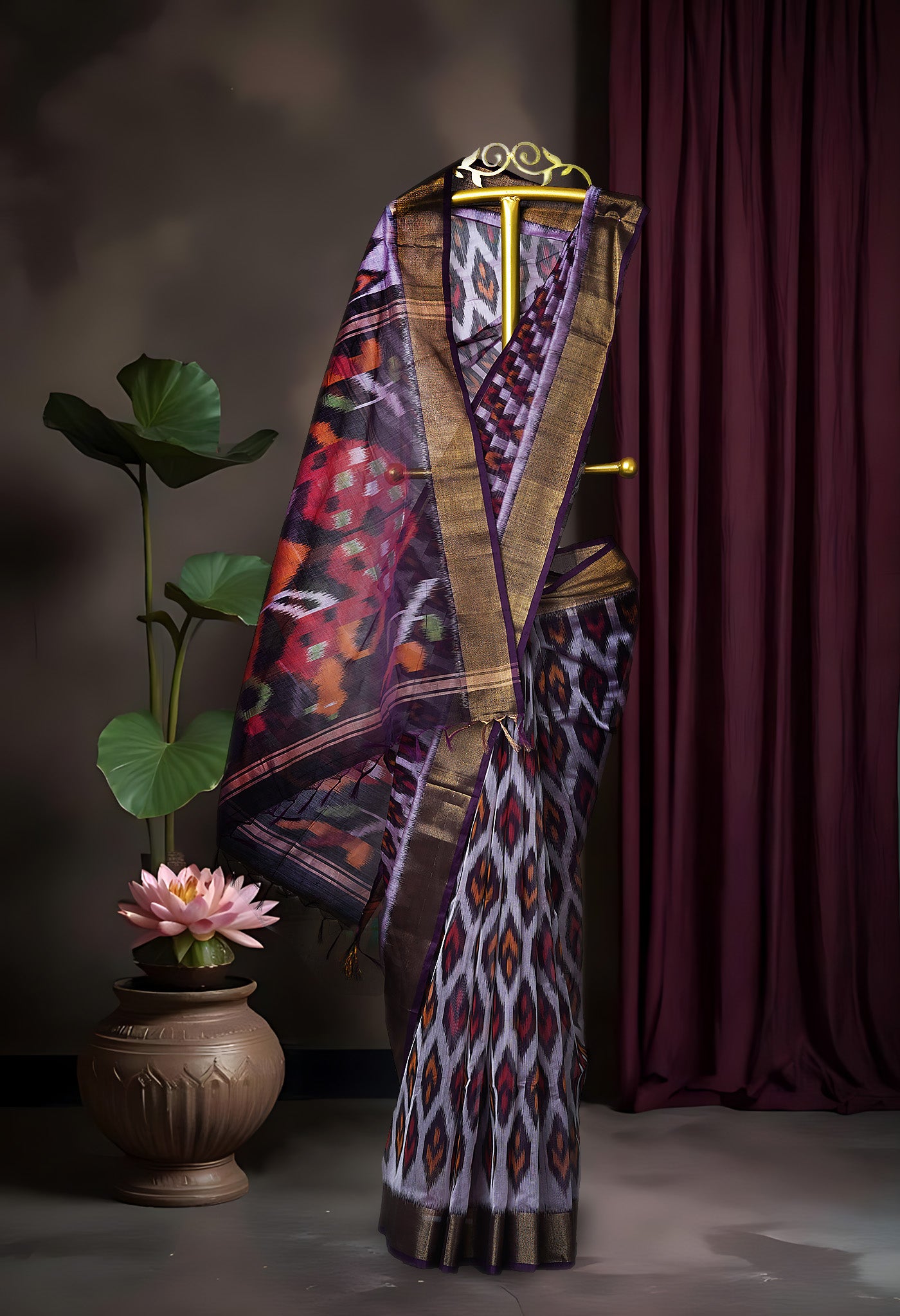 Beige-Dark Purple Pure Pochampally Cotton Silk Saree-UNM82281