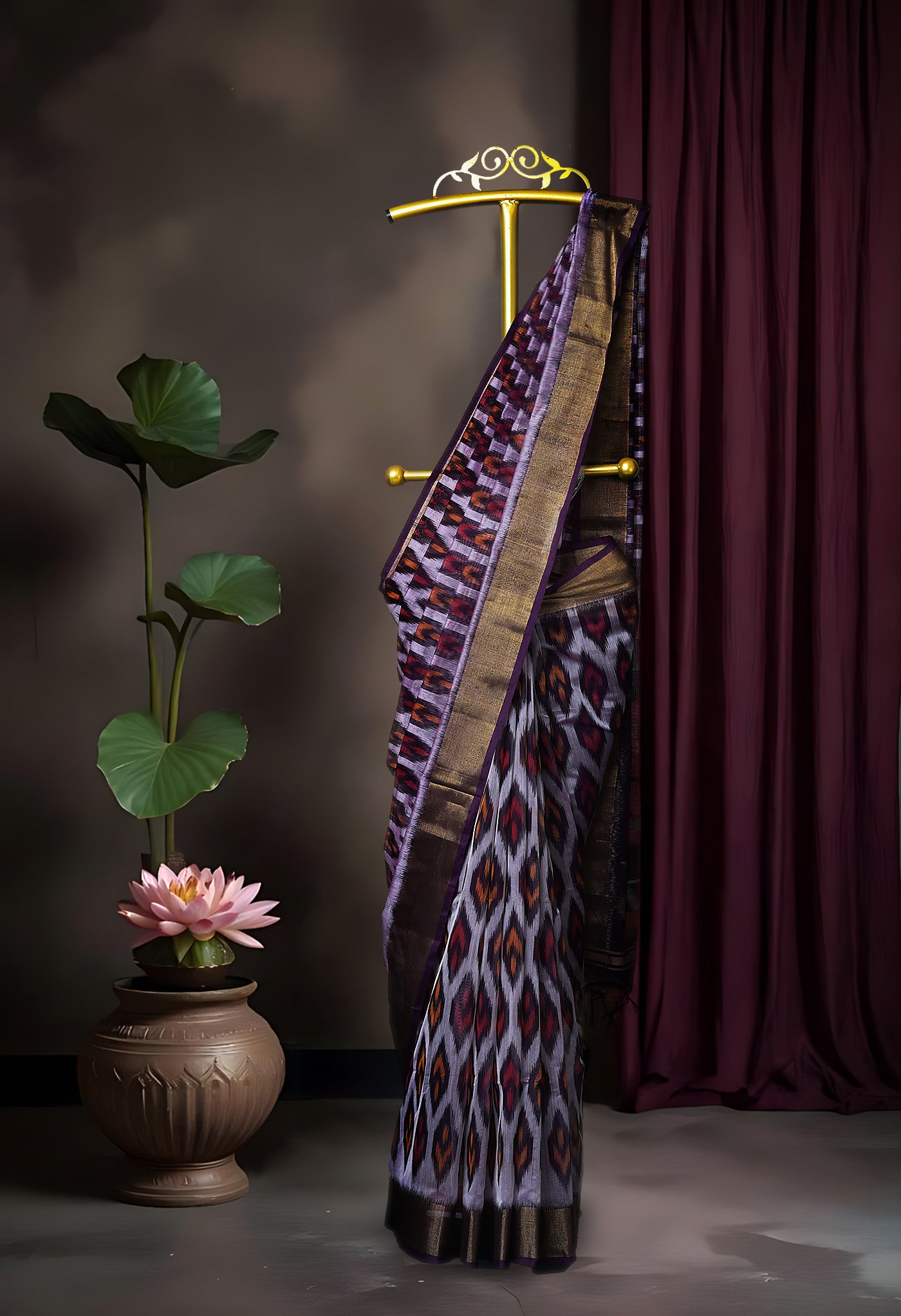 Beige-Dark Purple Pure Pochampally Cotton Silk Saree-UNM82281