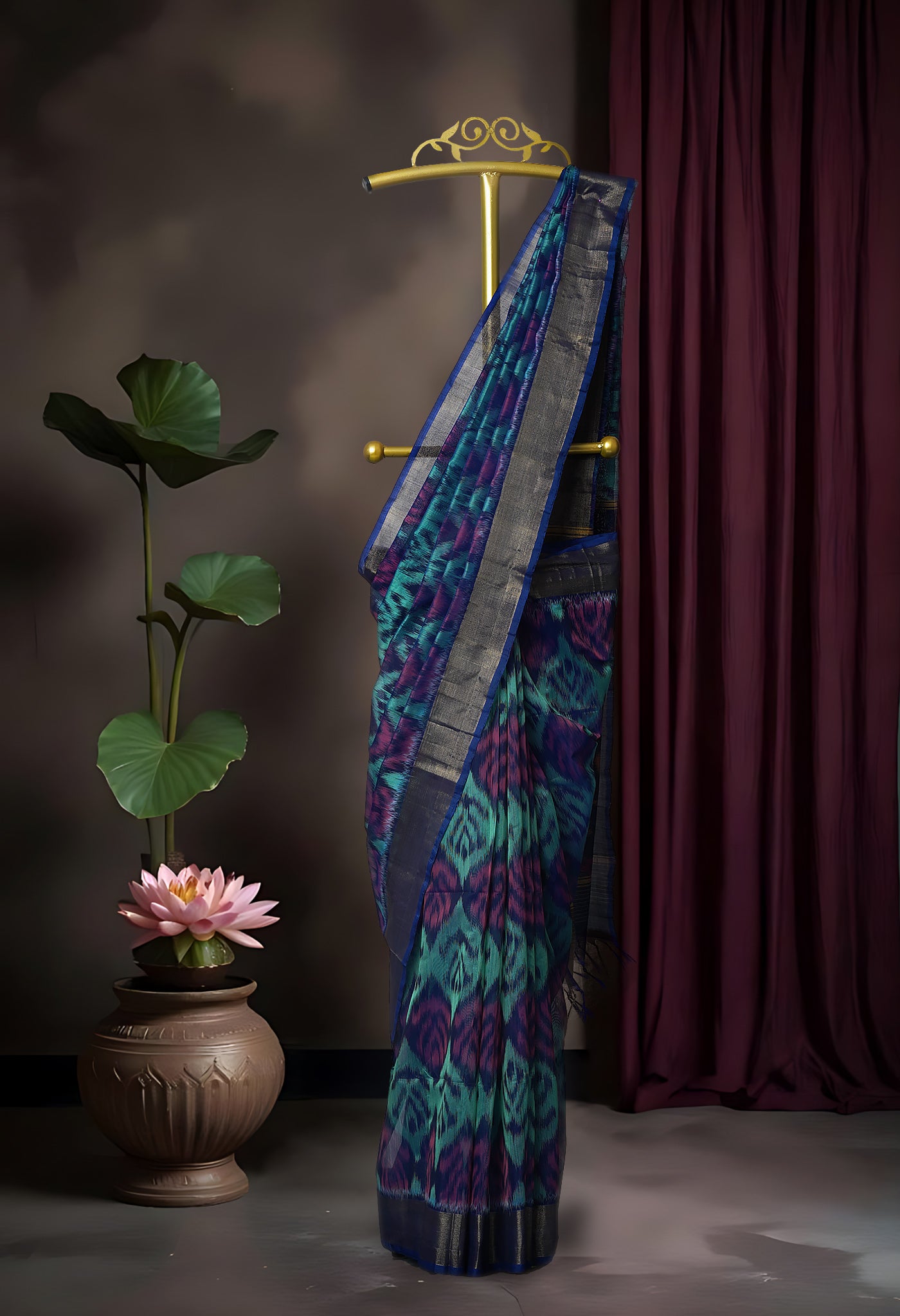 Turquoise Blue-Dark Blue Pure Pochampally Cotton Silk Saree-UNM82282