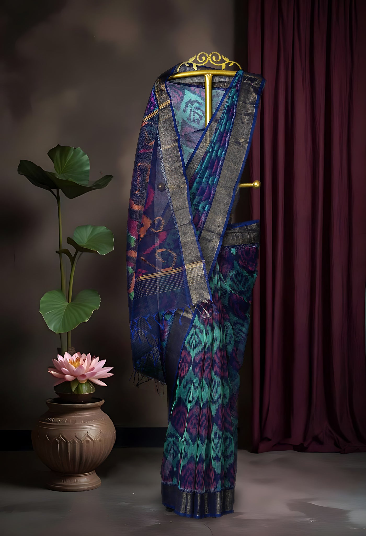 Turquoise Blue-Dark Blue Pure Pochampally Cotton Silk Saree-UNM82282