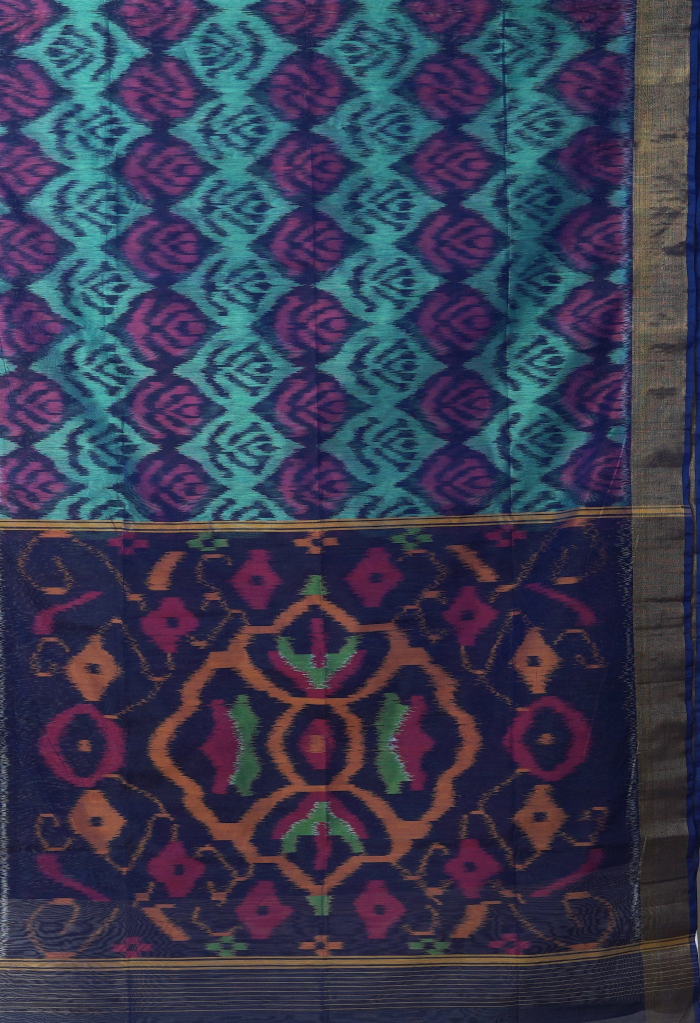 Turquoise Blue-Dark Blue Pure Pochampally Cotton Silk Saree-UNM82282