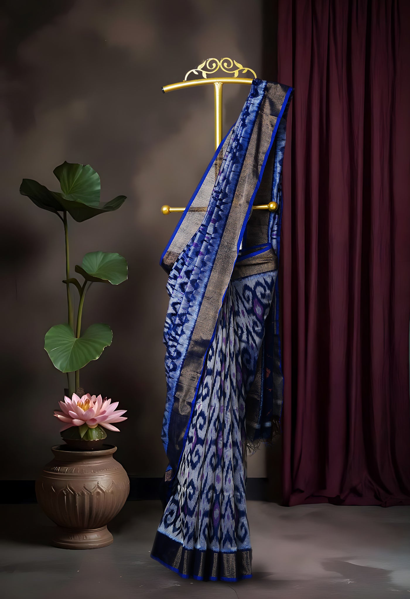 Blue-Dark Blue Pure Pochampally Cotton Silk Saree-UNM82285
