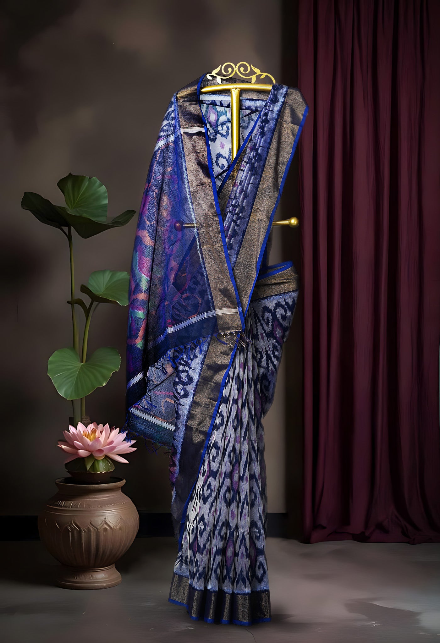 Blue-Dark Blue Pure Pochampally Cotton Silk Saree-UNM82285