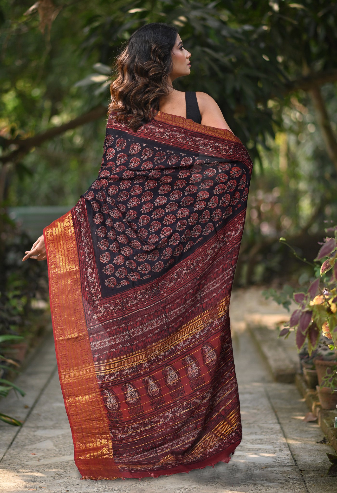 Black-Maroon Pure Ajrakh Printed Soft Silk Saree-UNM82288