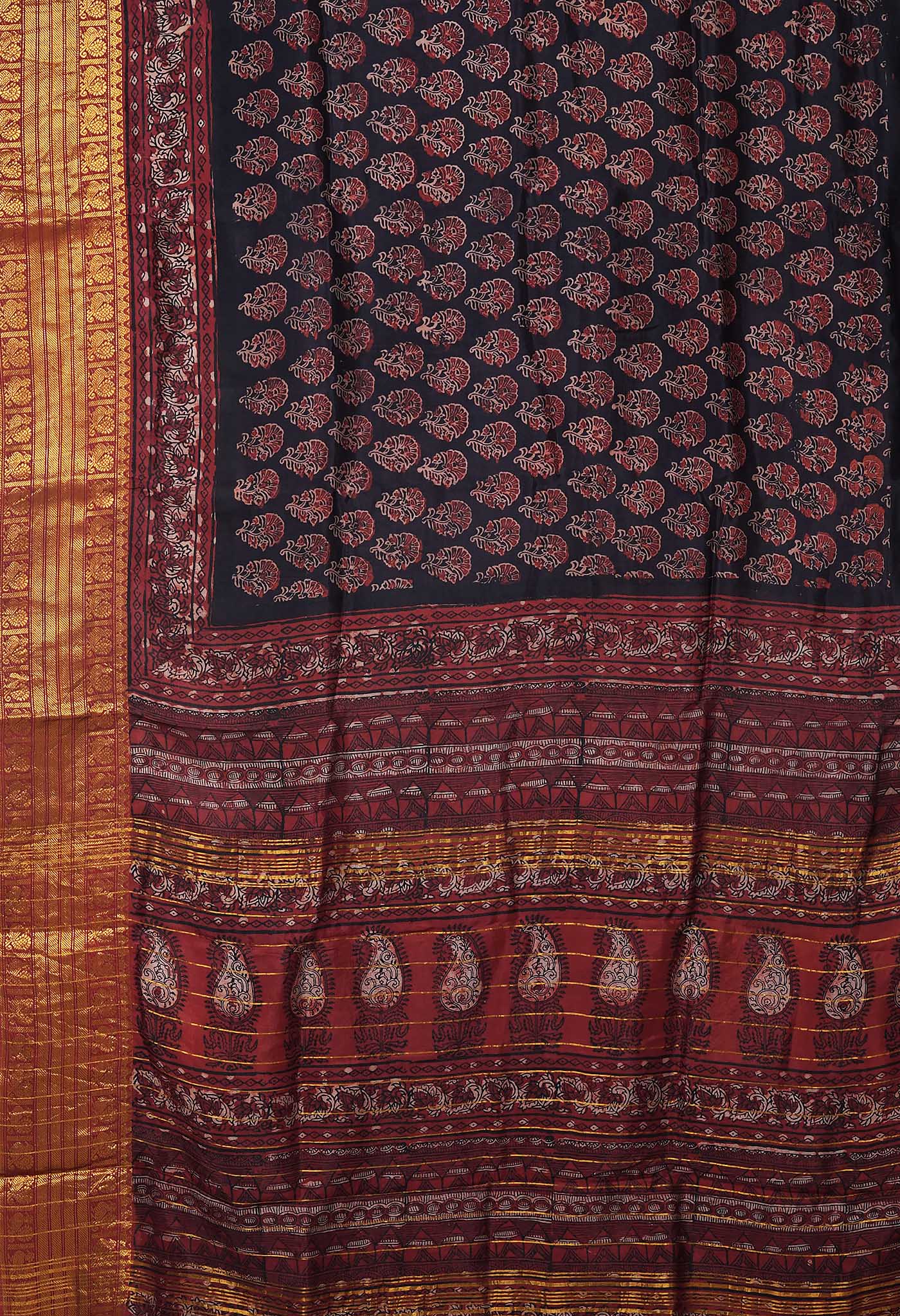 Black-Maroon Pure Ajrakh Printed Soft Silk Saree-UNM82288