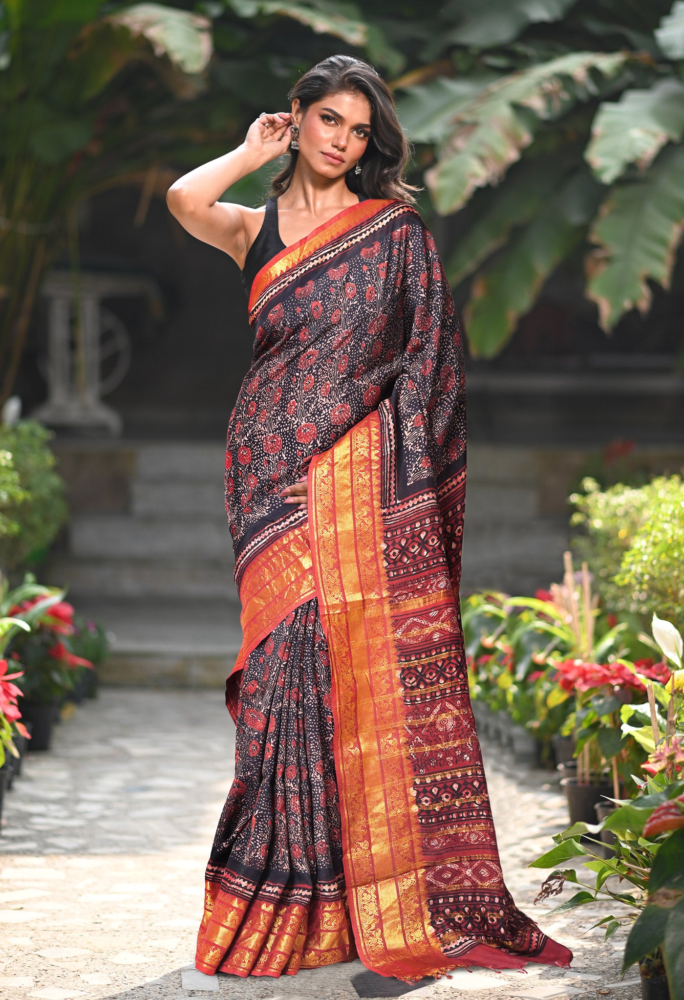 Black-Maroon Pure Ajrakh Printed Soft Silk Saree-UNM82290