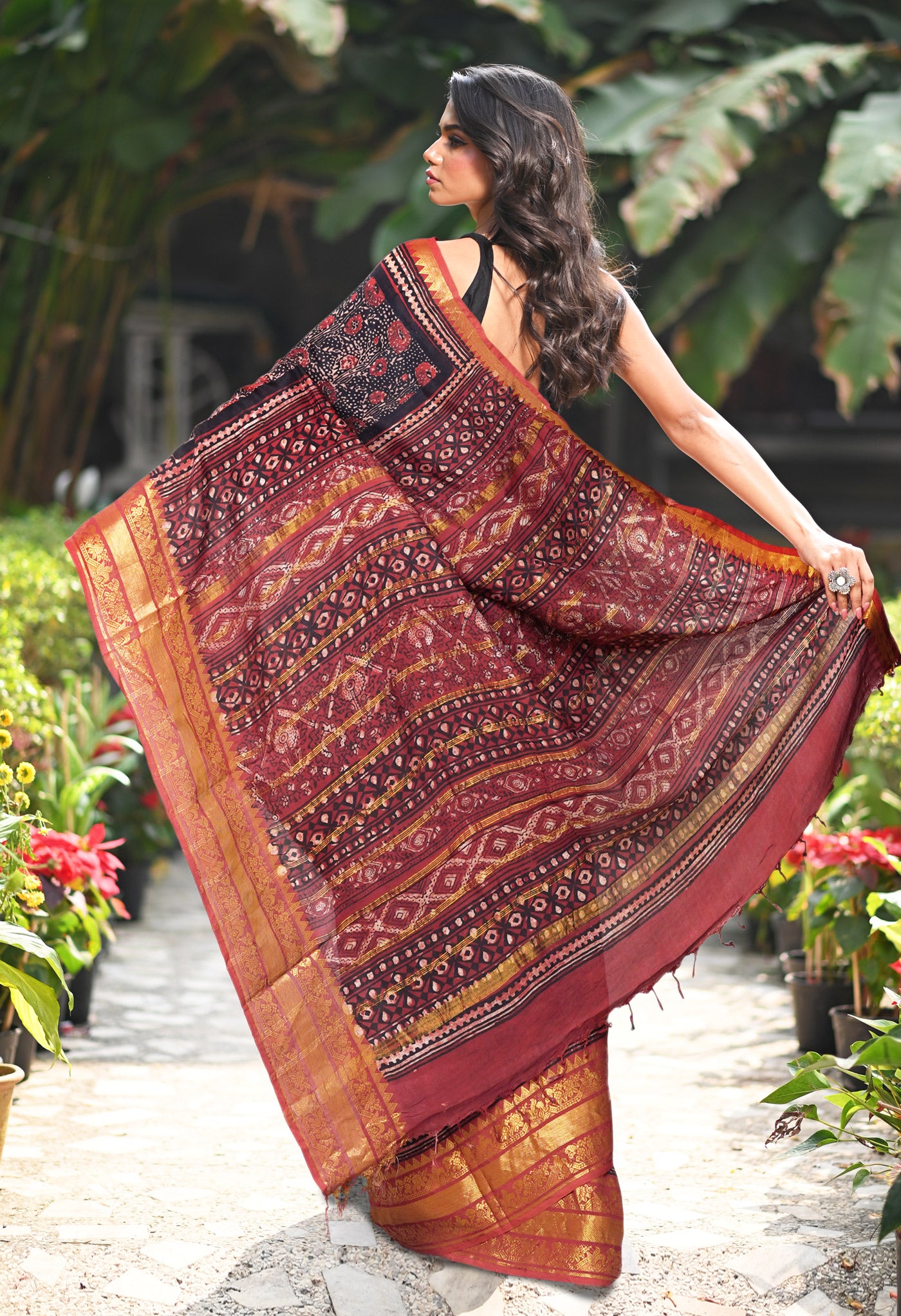 Black-Maroon Pure Ajrakh Printed Soft Silk Saree-UNM82290