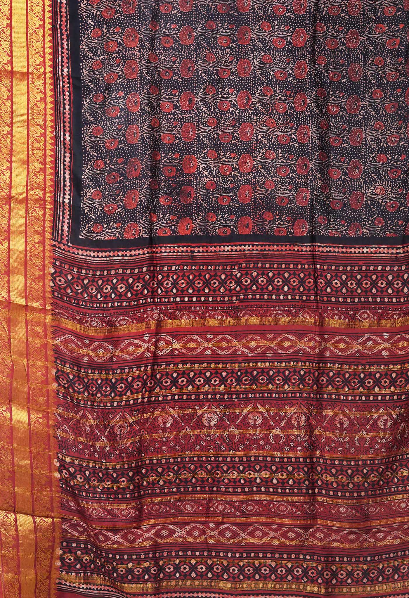 Black-Maroon Pure Ajrakh Printed Soft Silk Saree-UNM82290