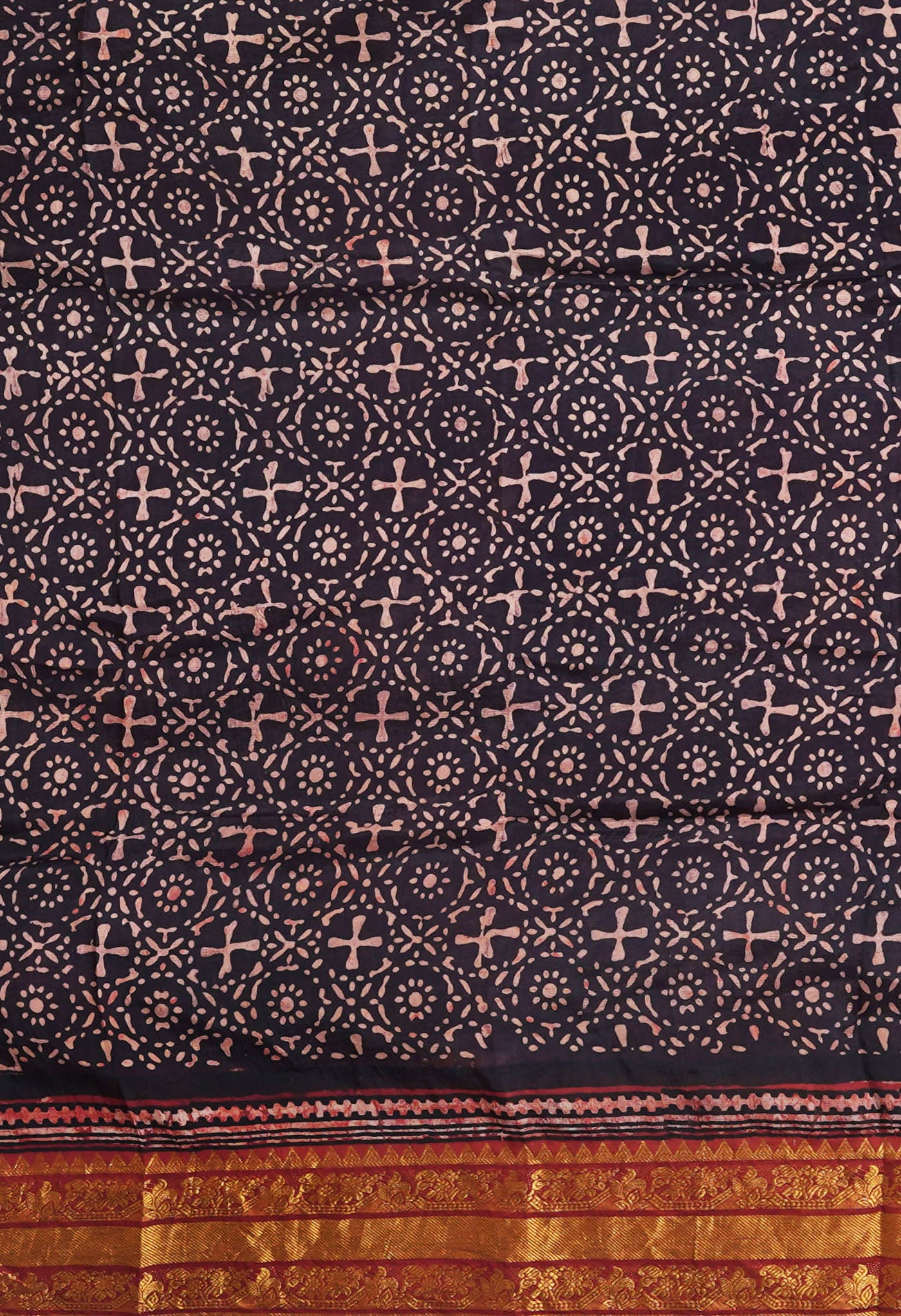 Black-Maroon Pure Ajrakh Printed Soft Silk Saree-UNM82290