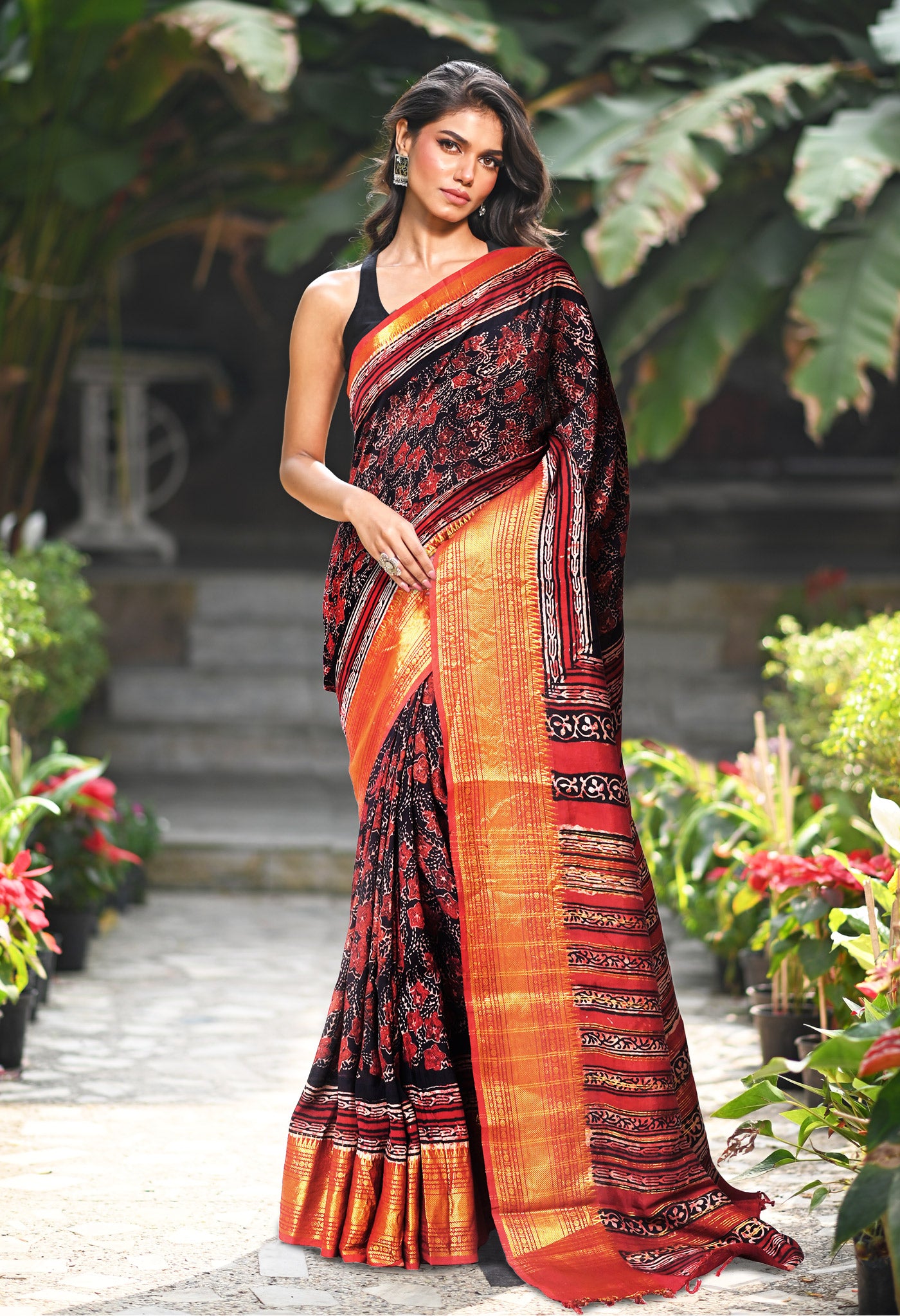 Black-Maroon Pure Ajrakh Printed Soft Silk Saree-UNM82291