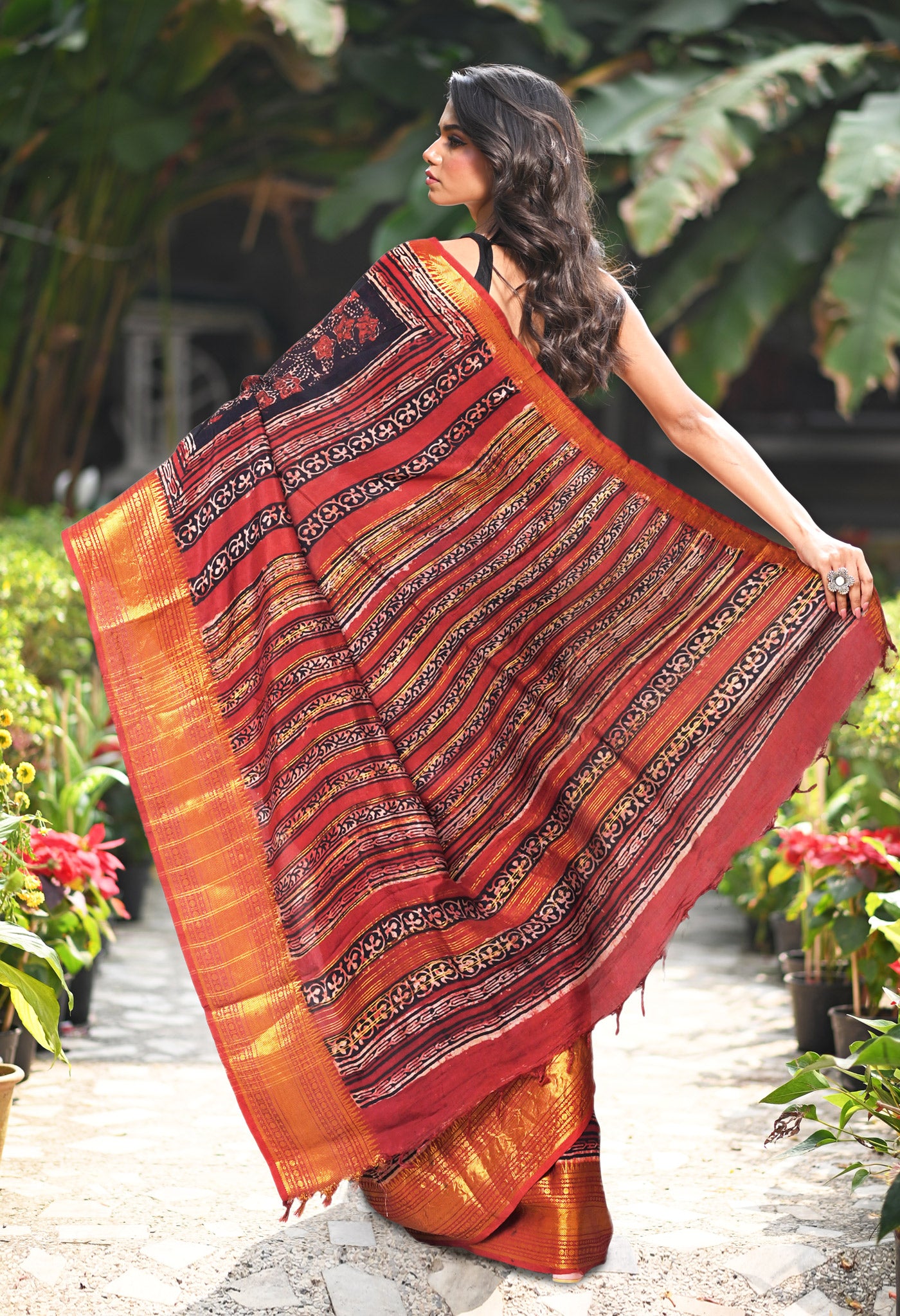 Black-Maroon Pure Ajrakh Printed Soft Silk Saree-UNM82291