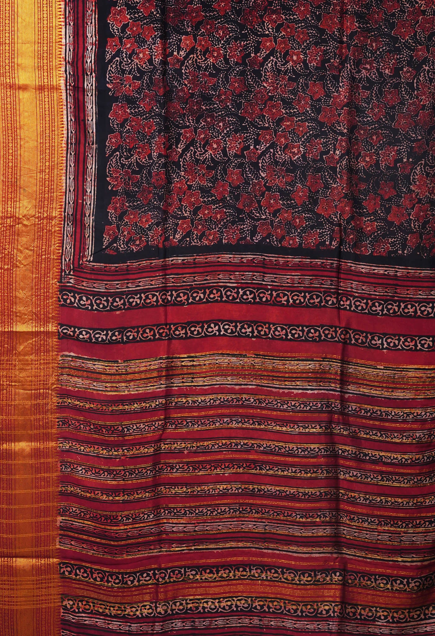 Black-Maroon Pure Ajrakh Printed Soft Silk Saree-UNM82291