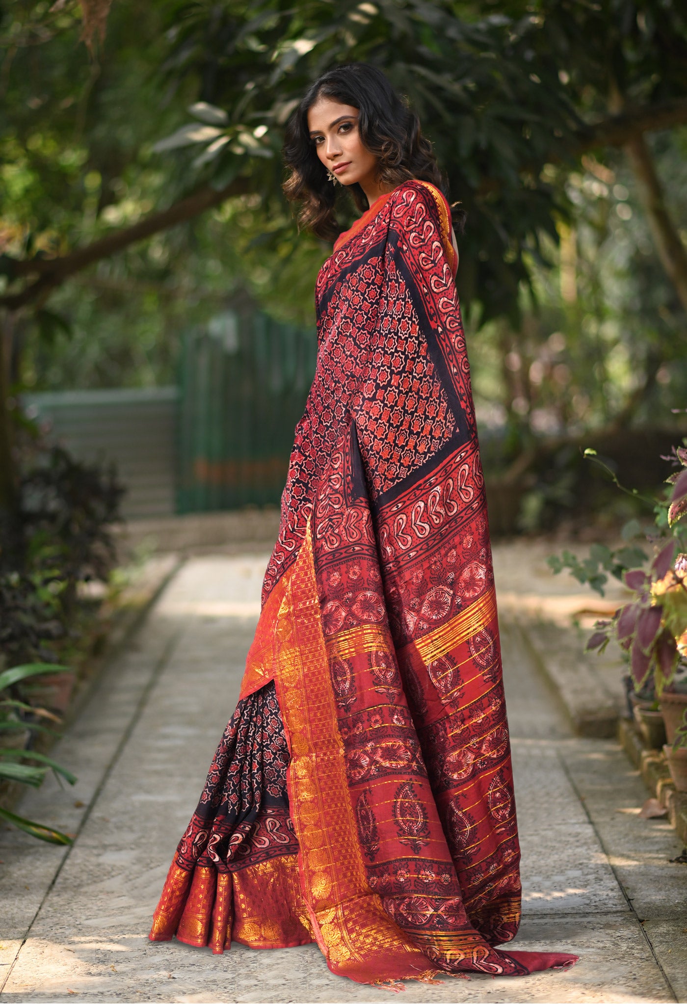 Black-Maroon Pure Ajrakh Printed Soft Silk Saree-UNM82292