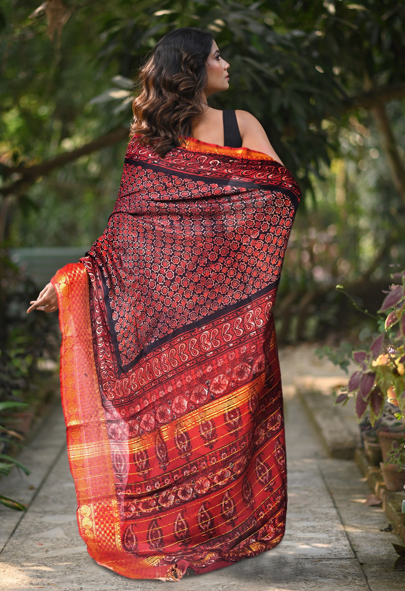 Black-Maroon Pure Ajrakh Printed Soft Silk Saree-UNM82292