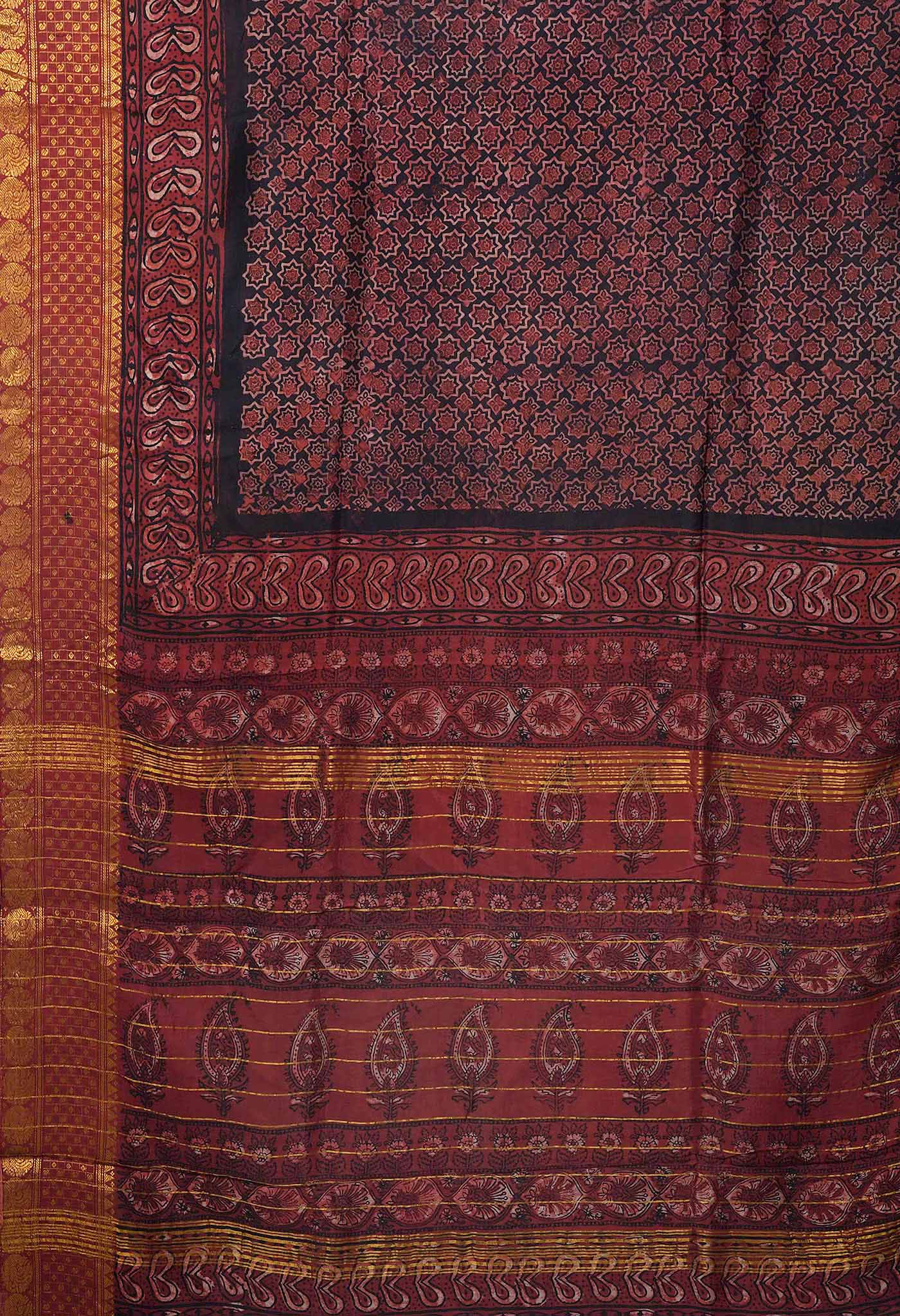 Black-Maroon Pure Ajrakh Printed Soft Silk Saree-UNM82292