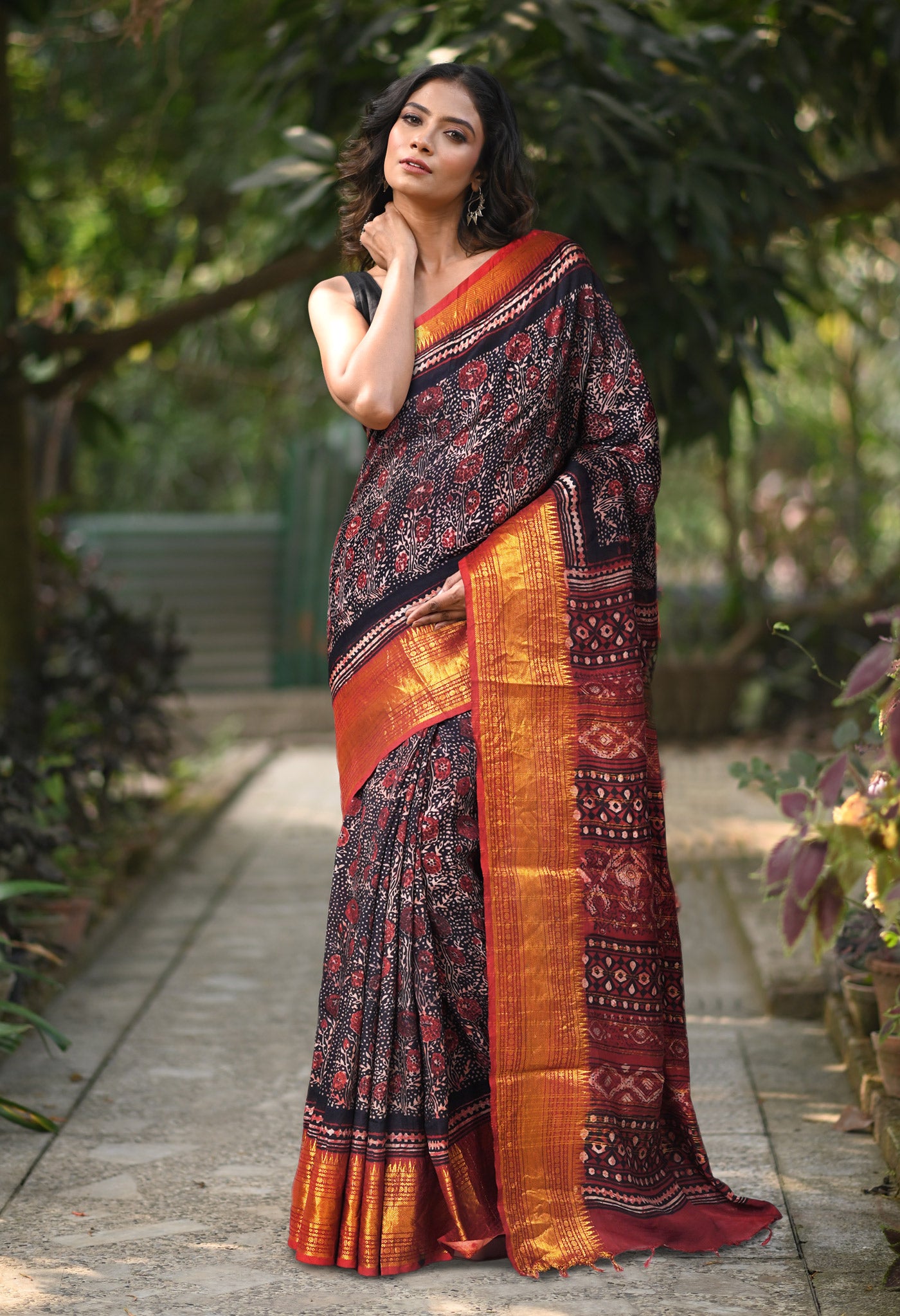 Black-Maroon Pure Ajrakh Printed Soft Silk Saree-UNM82293