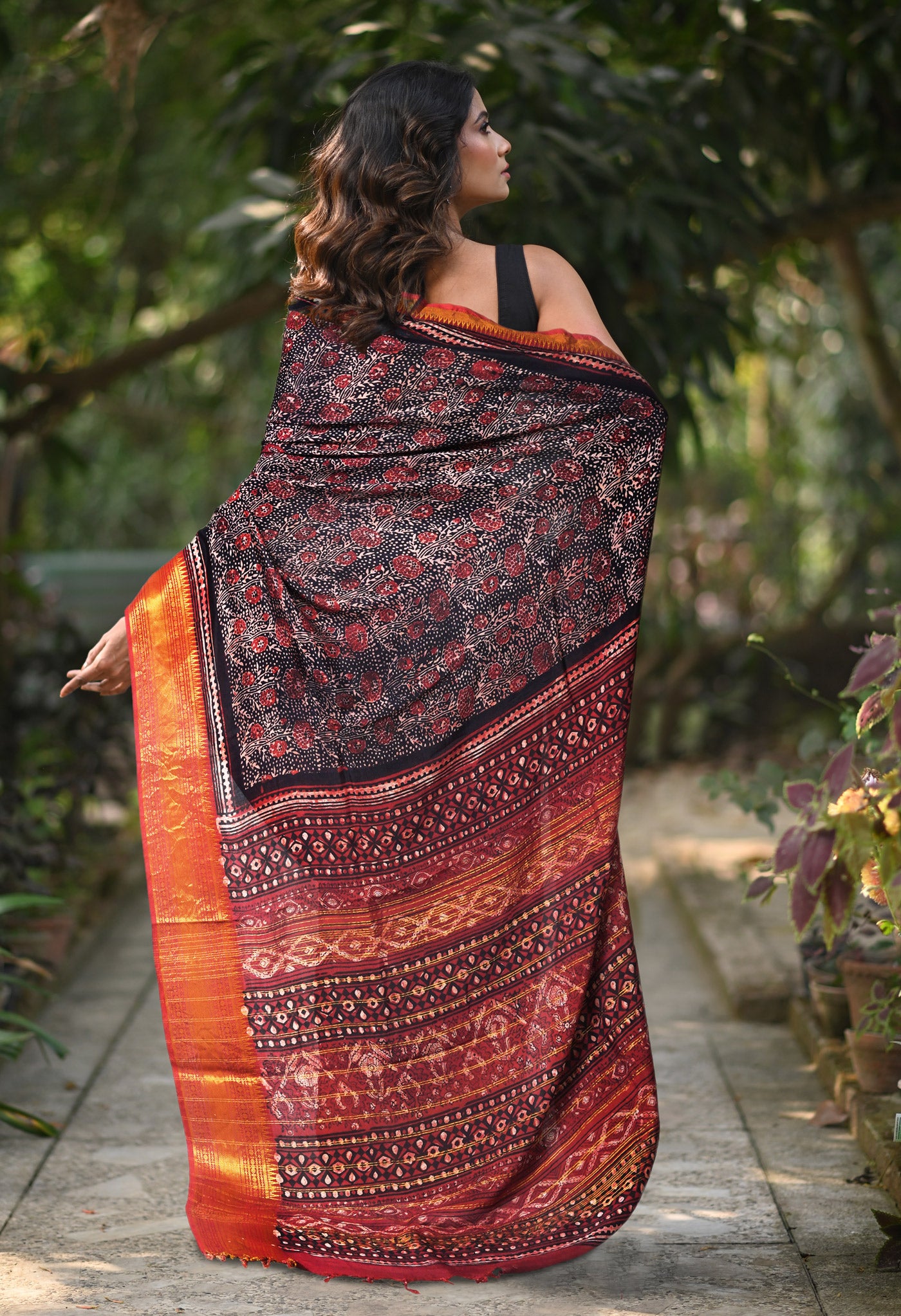Black-Maroon Pure Ajrakh Printed Soft Silk Saree-UNM82293