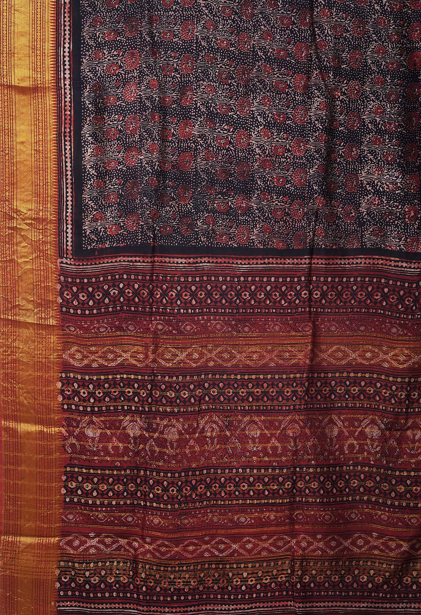 Black-Maroon Pure Ajrakh Printed Soft Silk Saree-UNM82293