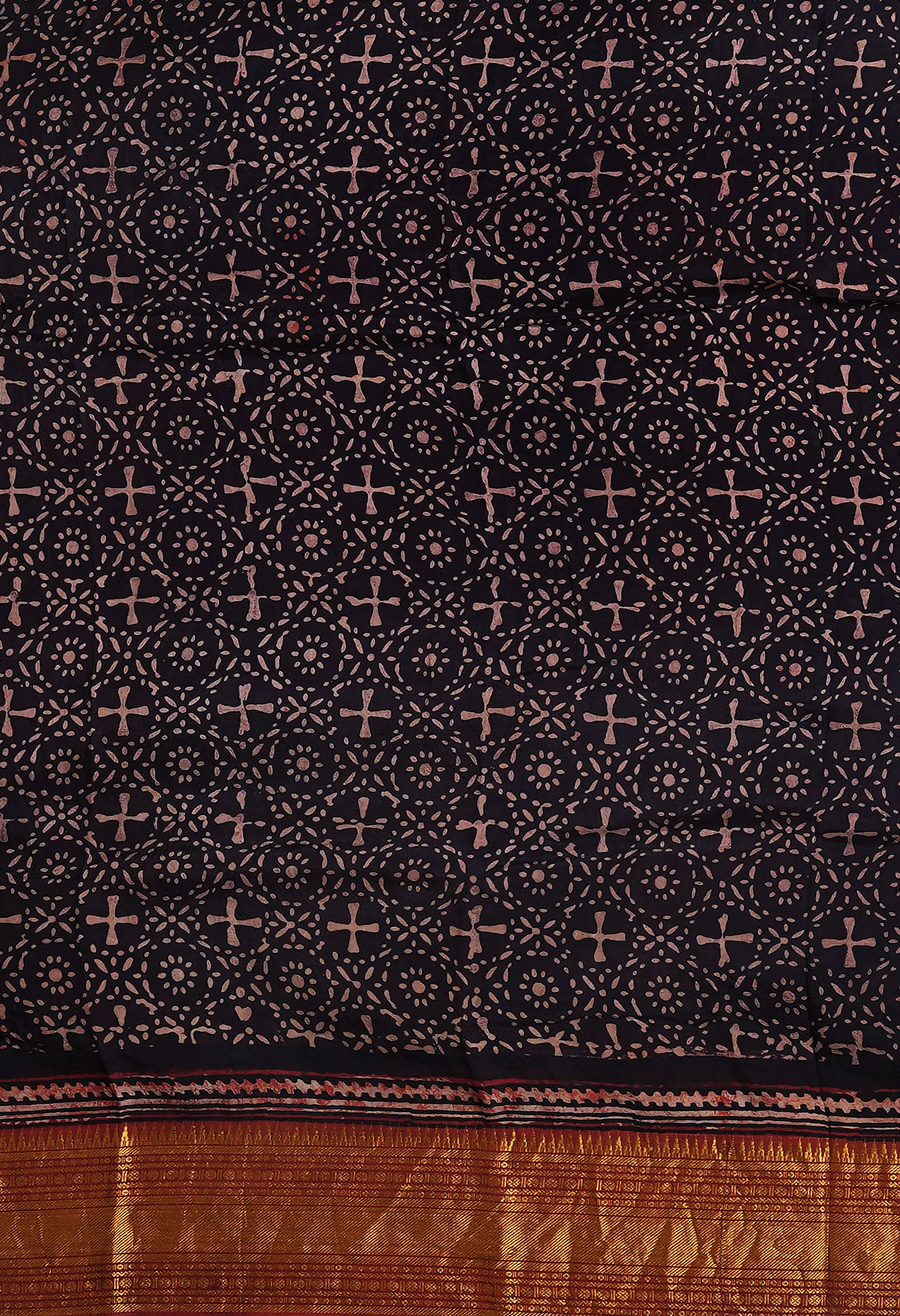 Black-Maroon Pure Ajrakh Printed Soft Silk Saree-UNM82293