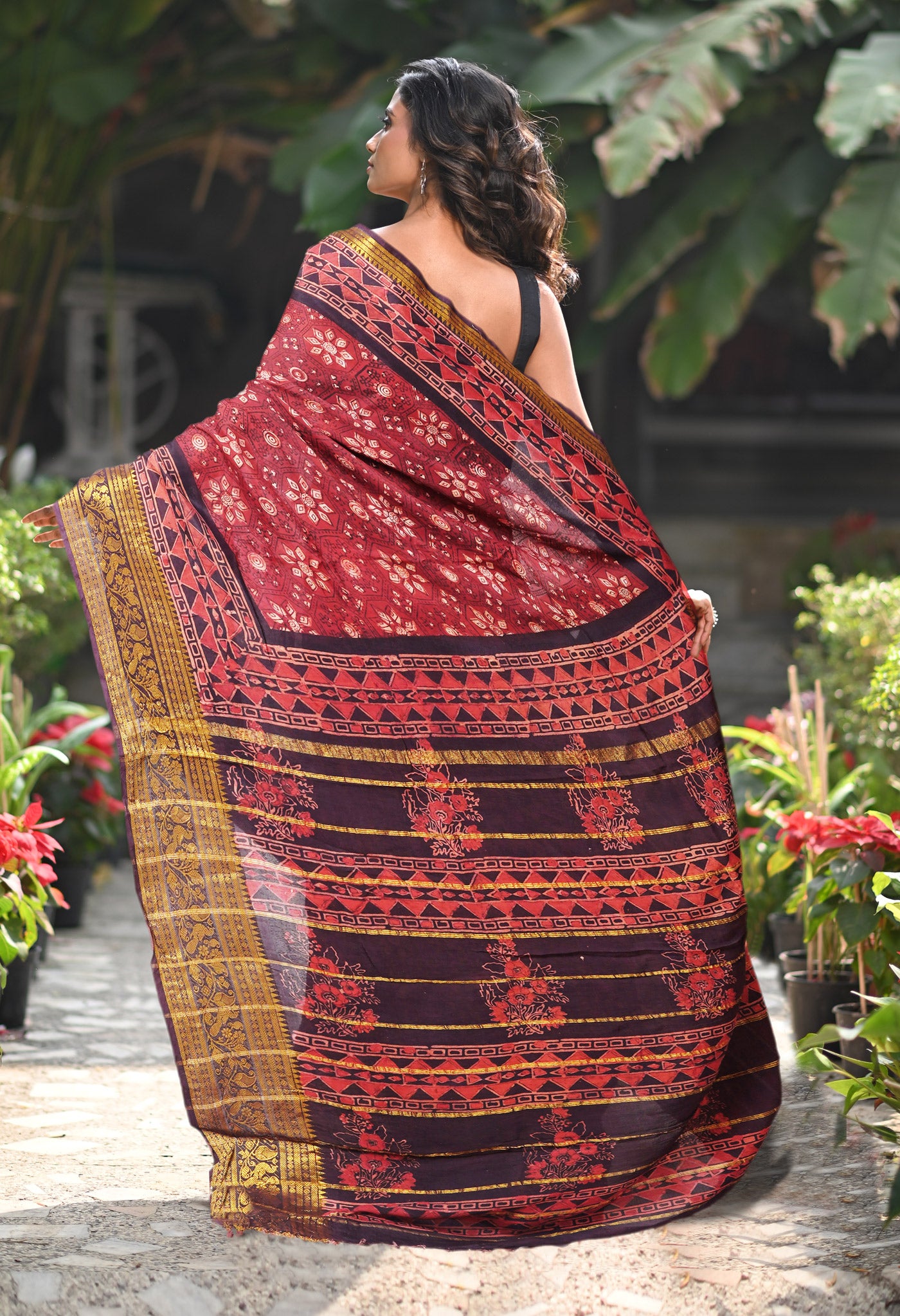 Maroon-Black Pure Ajrakh Printed Soft Silk Saree-UNM82295