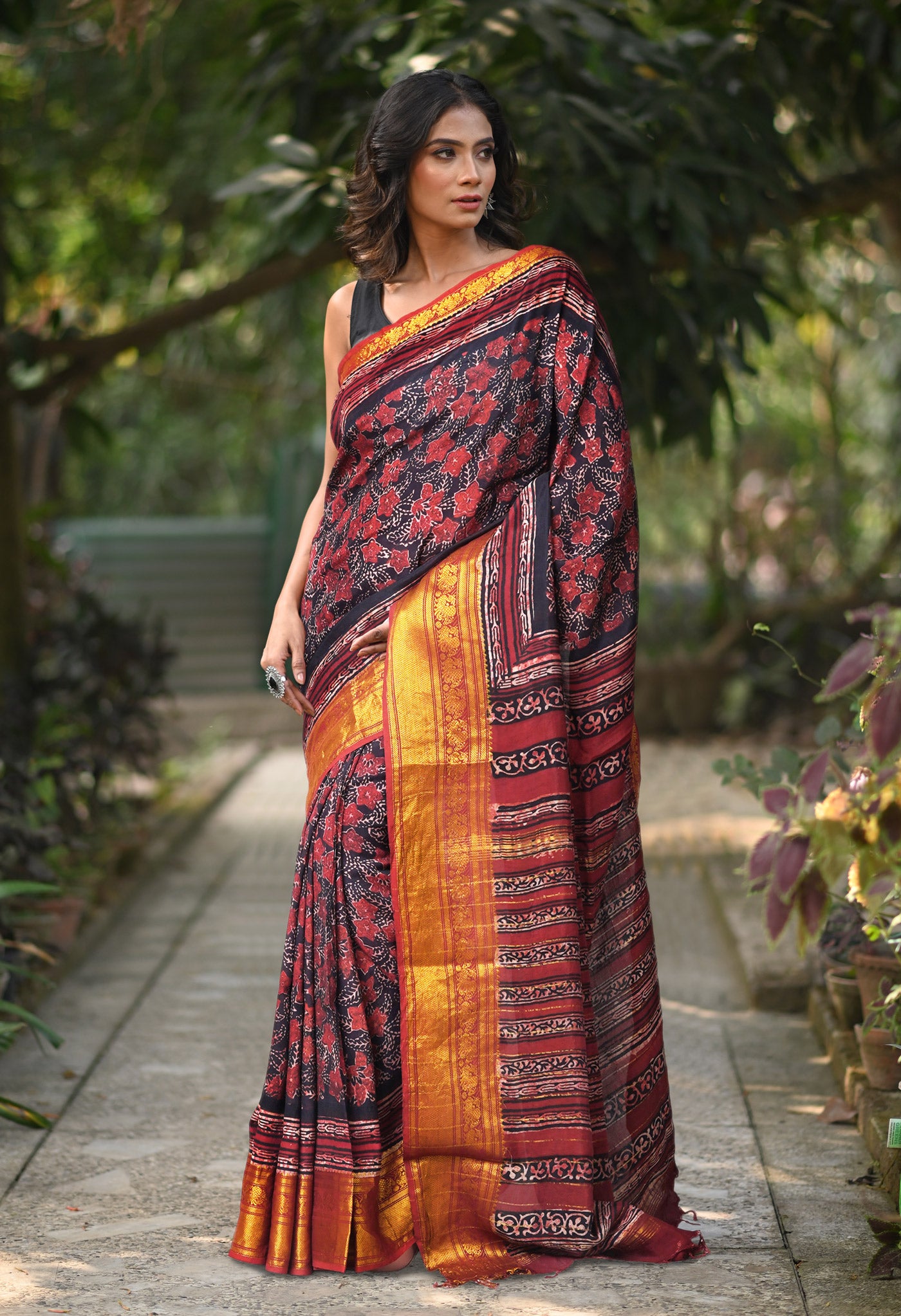 Black-Maroon Pure Ajrakh Printed Soft Silk Saree-UNM82296