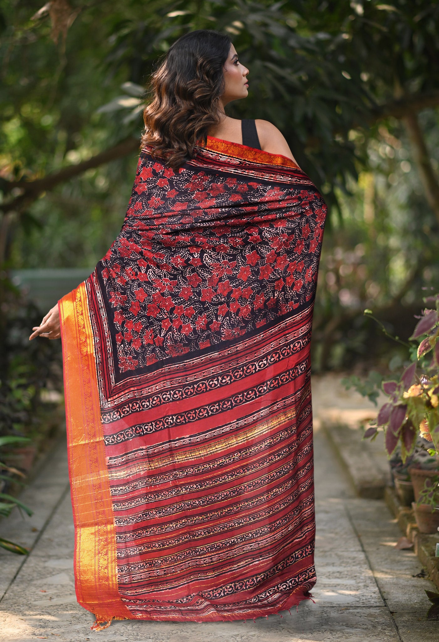 Black-Maroon Pure Ajrakh Printed Soft Silk Saree-UNM82296