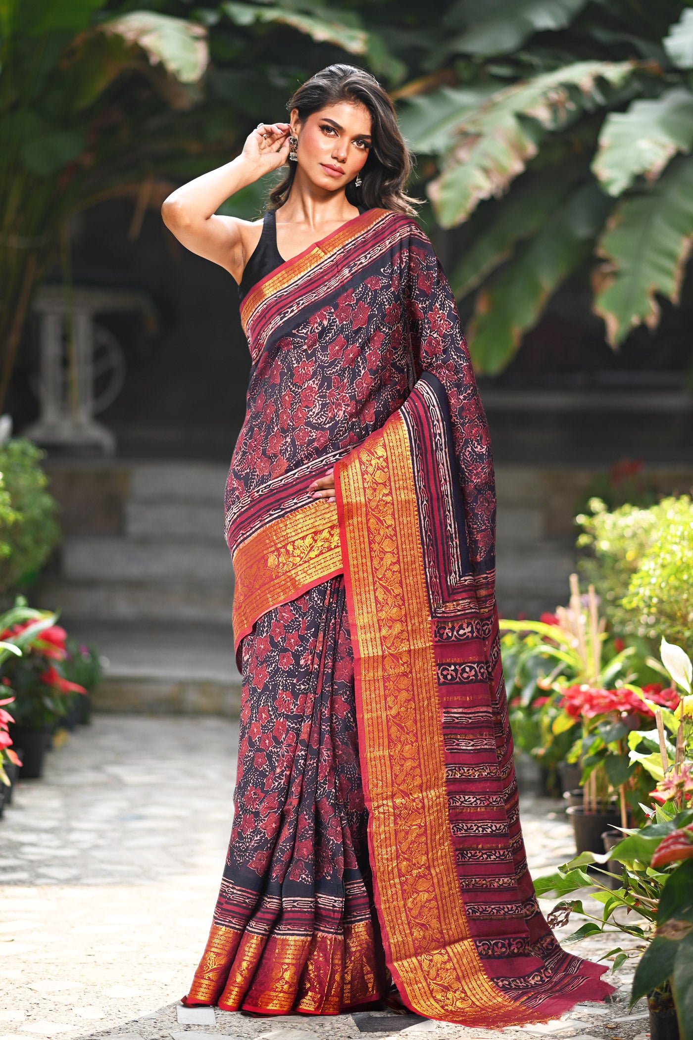 Black-Maroon Pure Ajrakh Printed Soft Silk Saree-UNM82303