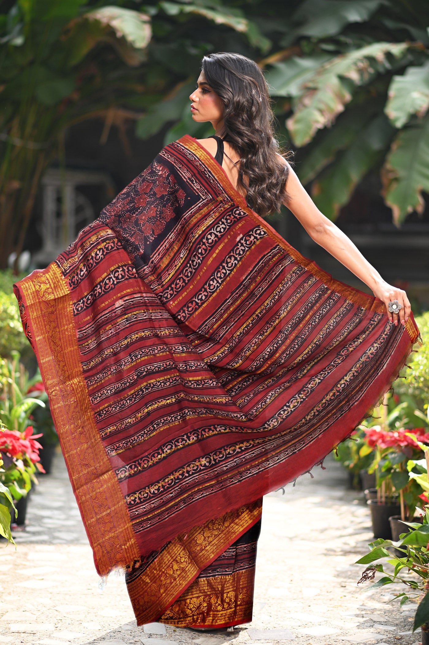 Black-Maroon Pure Ajrakh Printed Soft Silk Saree-UNM82303