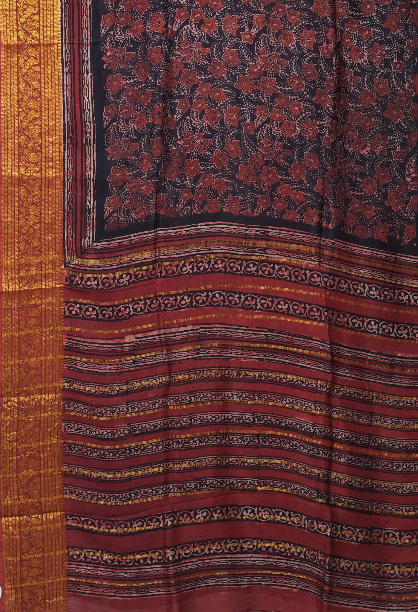 Black-Maroon Pure Ajrakh Printed Soft Silk Saree-UNM82303