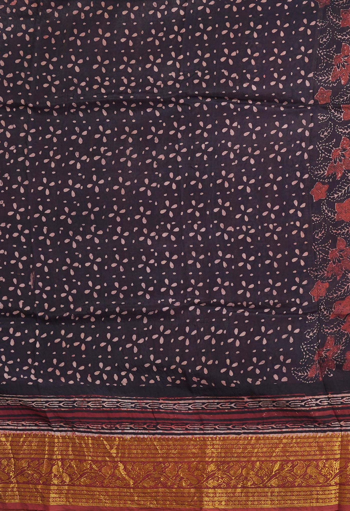 Black-Maroon Pure Ajrakh Printed Soft Silk Saree-UNM82303