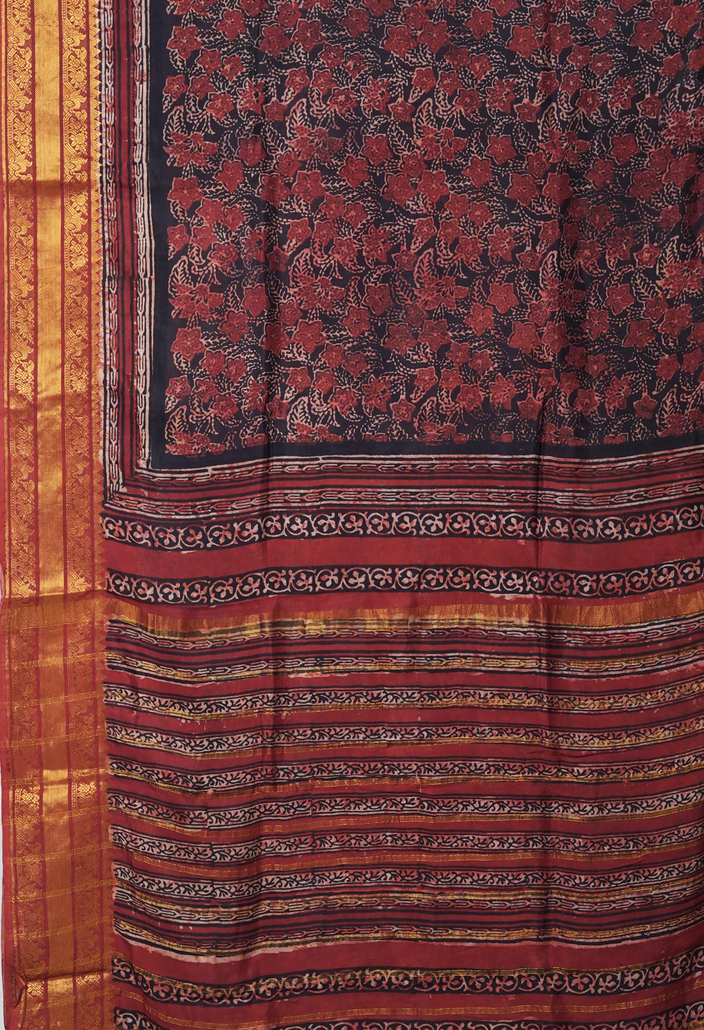 Black-Maroon Pure Ajrakh Printed Soft Silk Saree-UNM82305