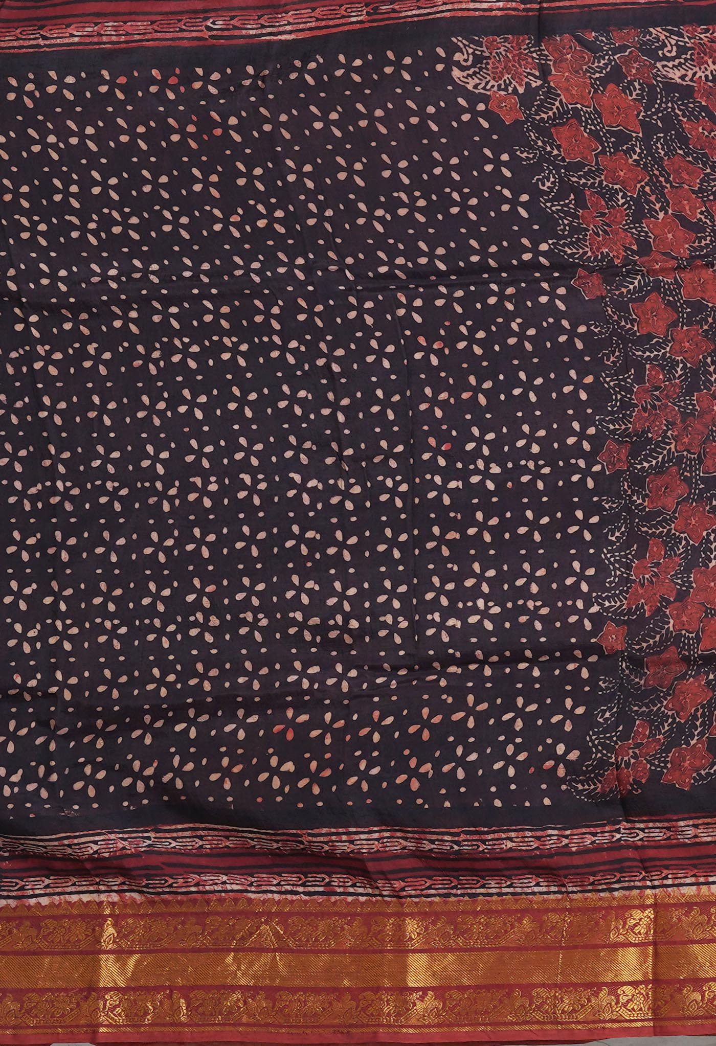 Black-Maroon Pure Ajrakh Printed Soft Silk Saree-UNM82305