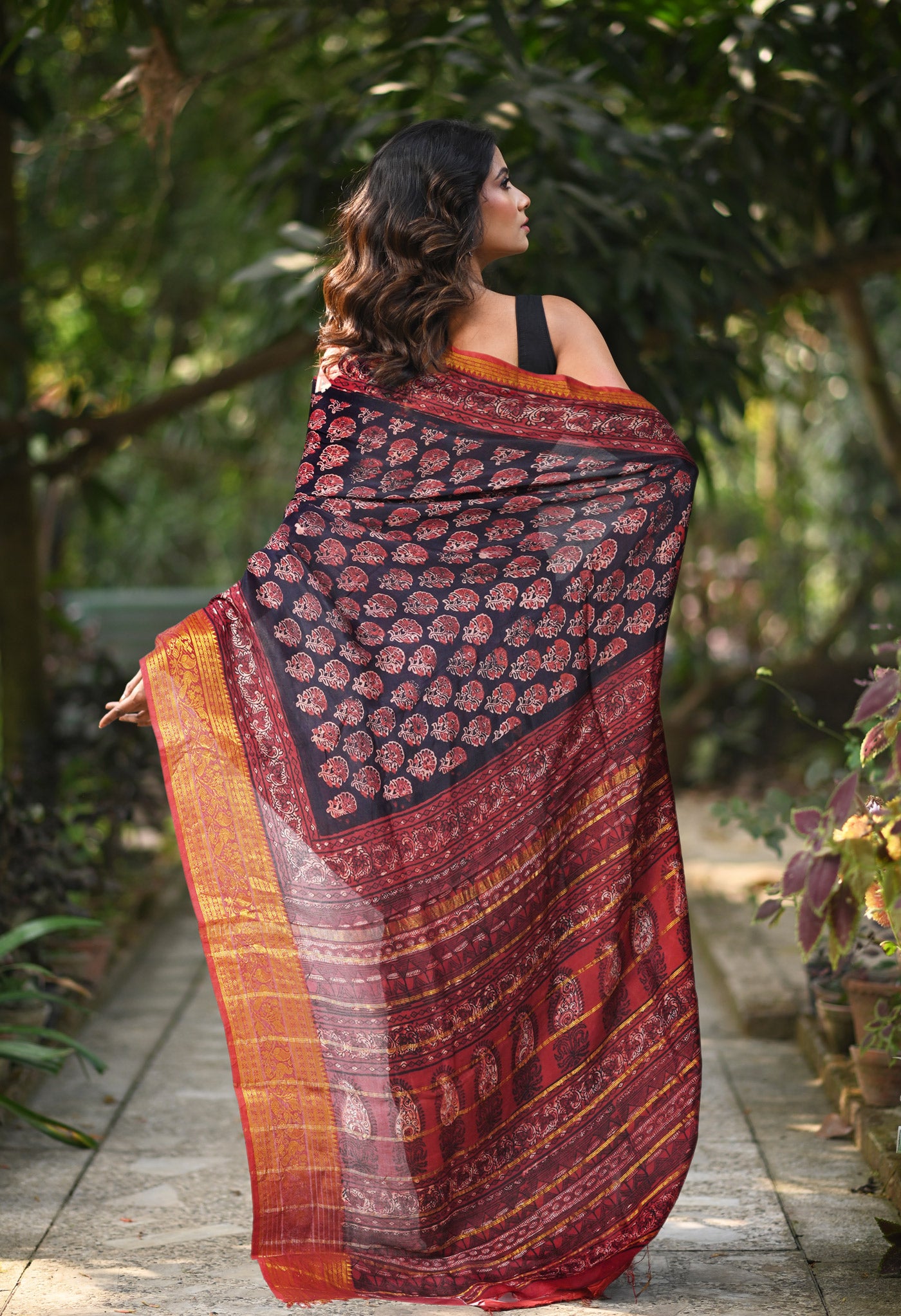 Black-Maroon Pure Ajrakh Printed Soft Silk Saree-UNM82307