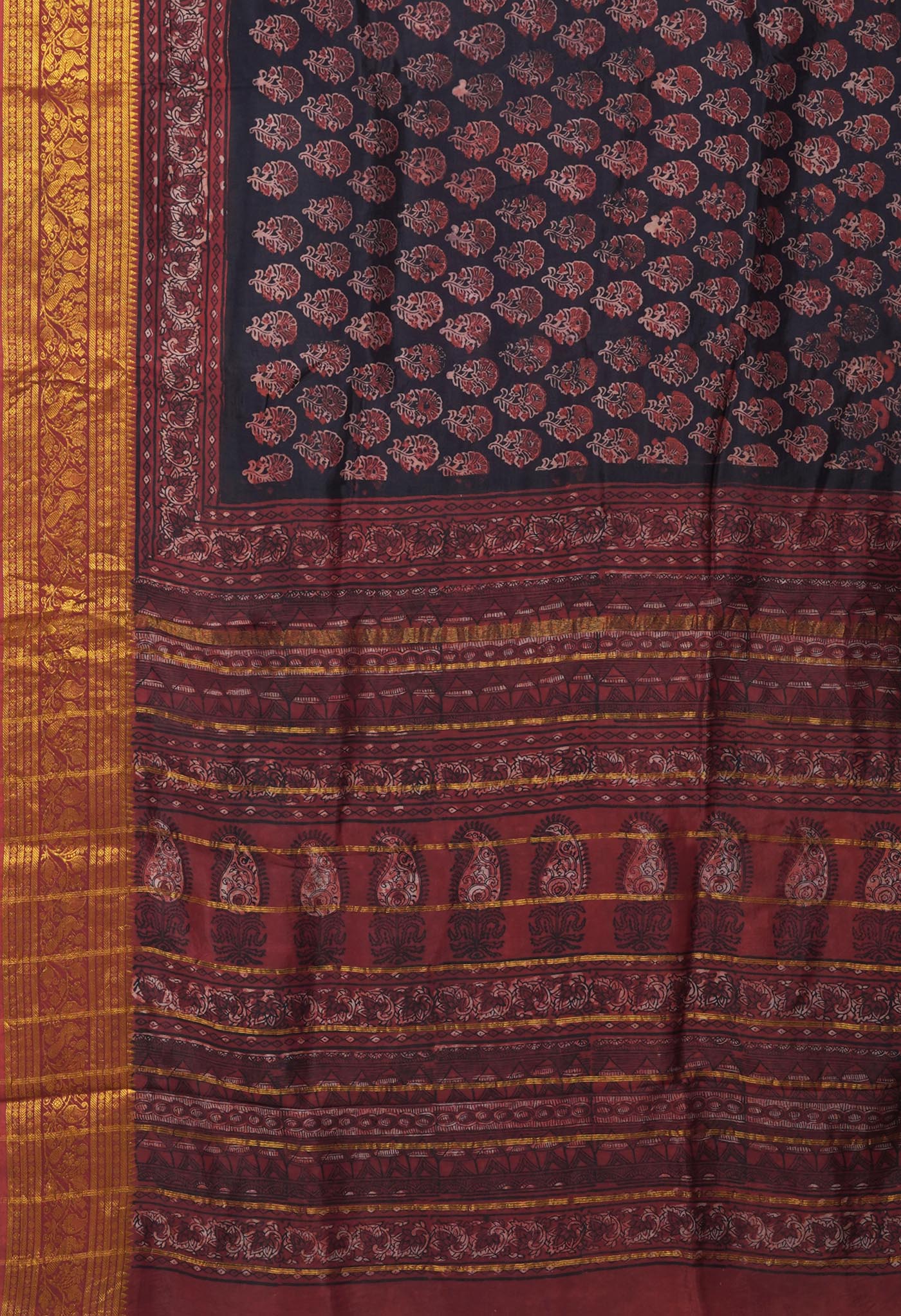 Black-Maroon Pure Ajrakh Printed Soft Silk Saree-UNM82307