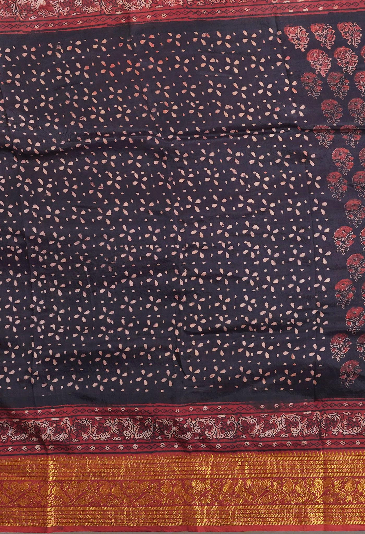 Black-Maroon Pure Ajrakh Printed Soft Silk Saree-UNM82307