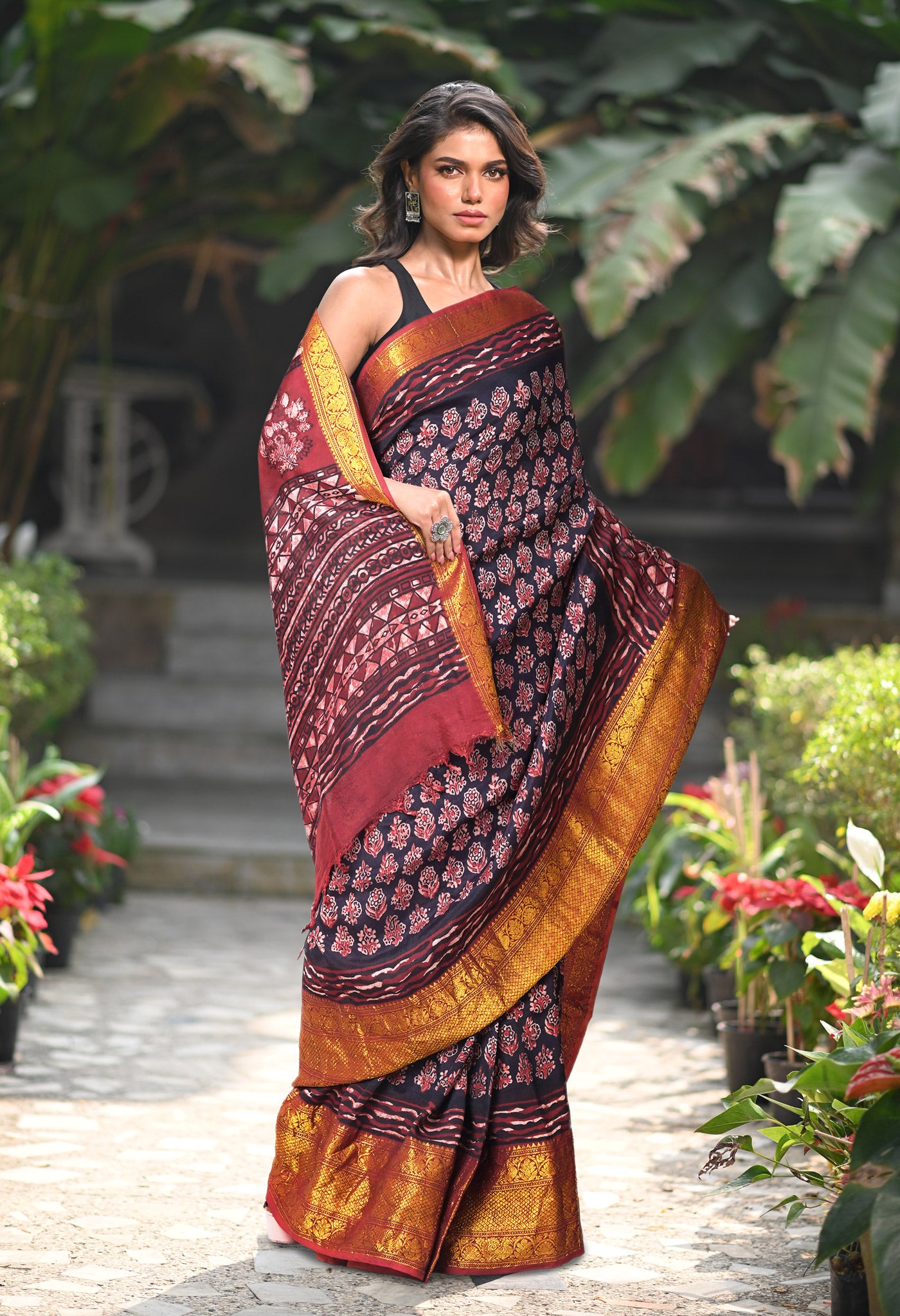 Black-Maroon Pure Ajrakh Printed Soft Silk Saree-UNM82308