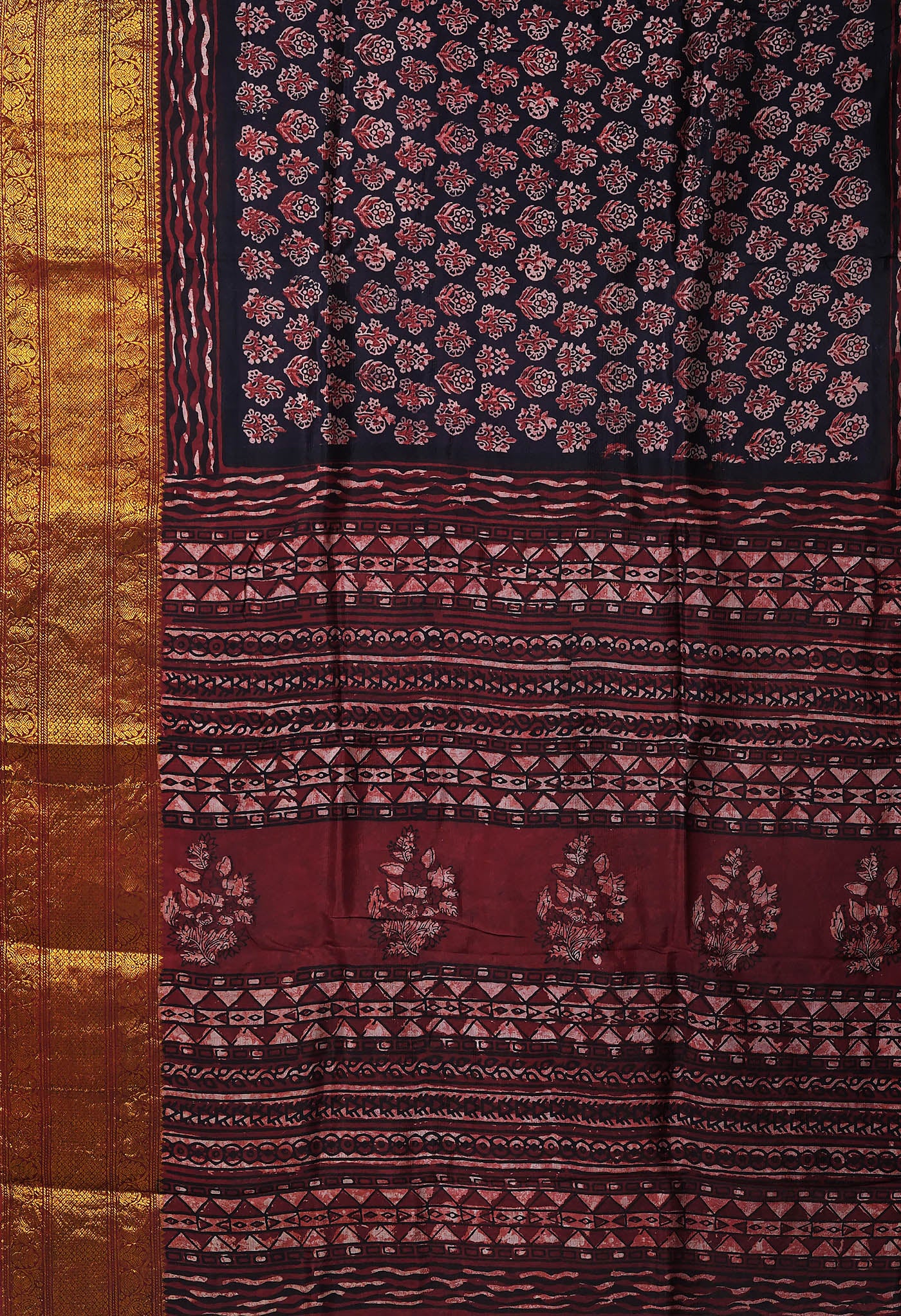 Black-Maroon Pure Ajrakh Printed Soft Silk Saree-UNM82308
