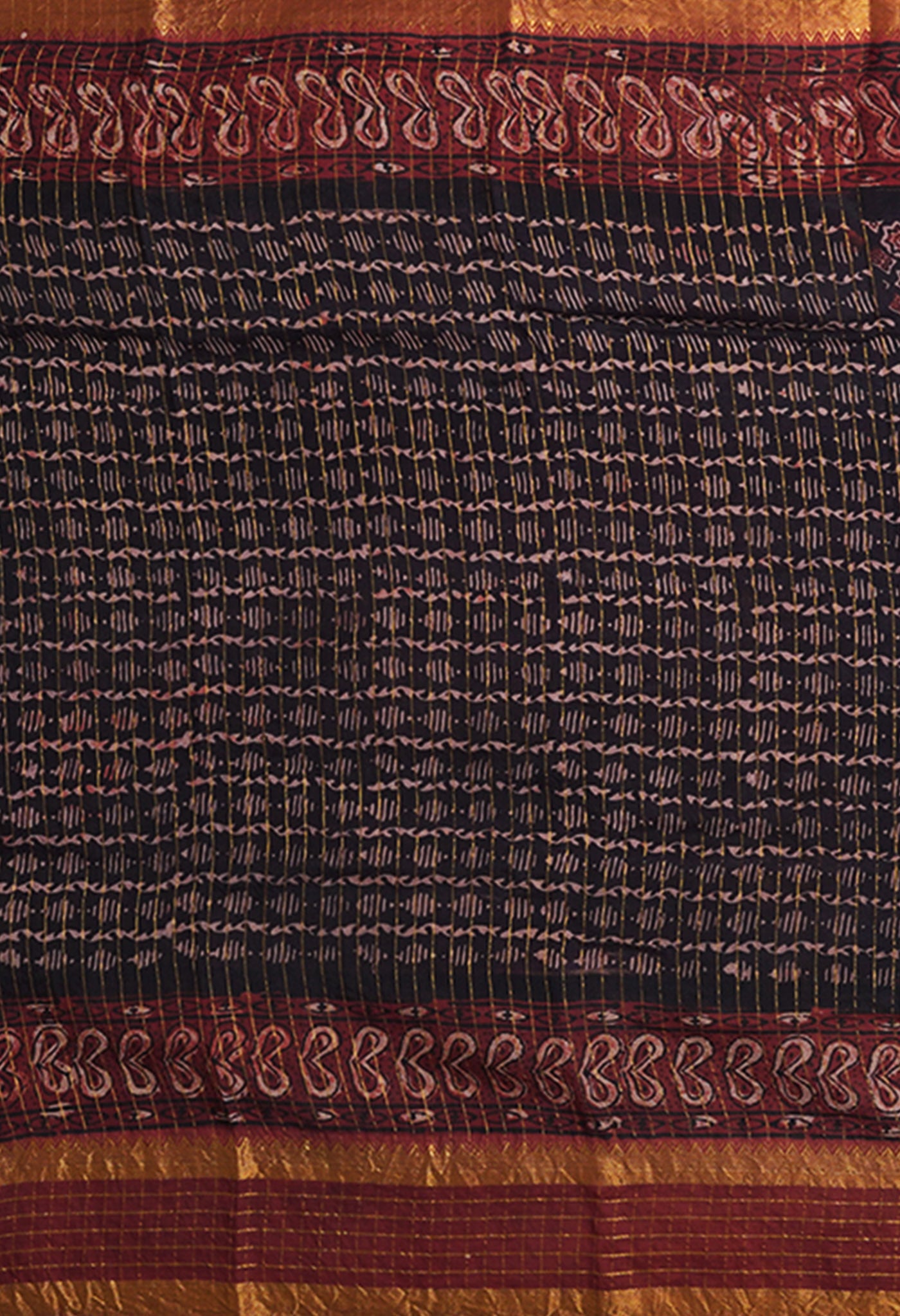 Black-Maroon Pure Ajrakh Printed Soft Silk Saree-UNM82309