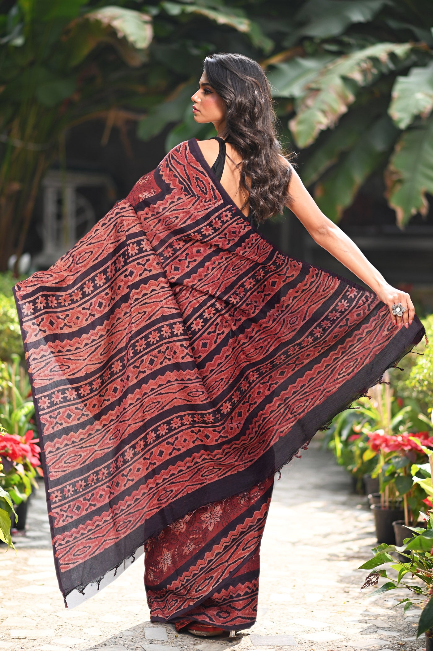 Maroon-Black Pure Ajrakh Printed Soft Silk Saree-UNM82311