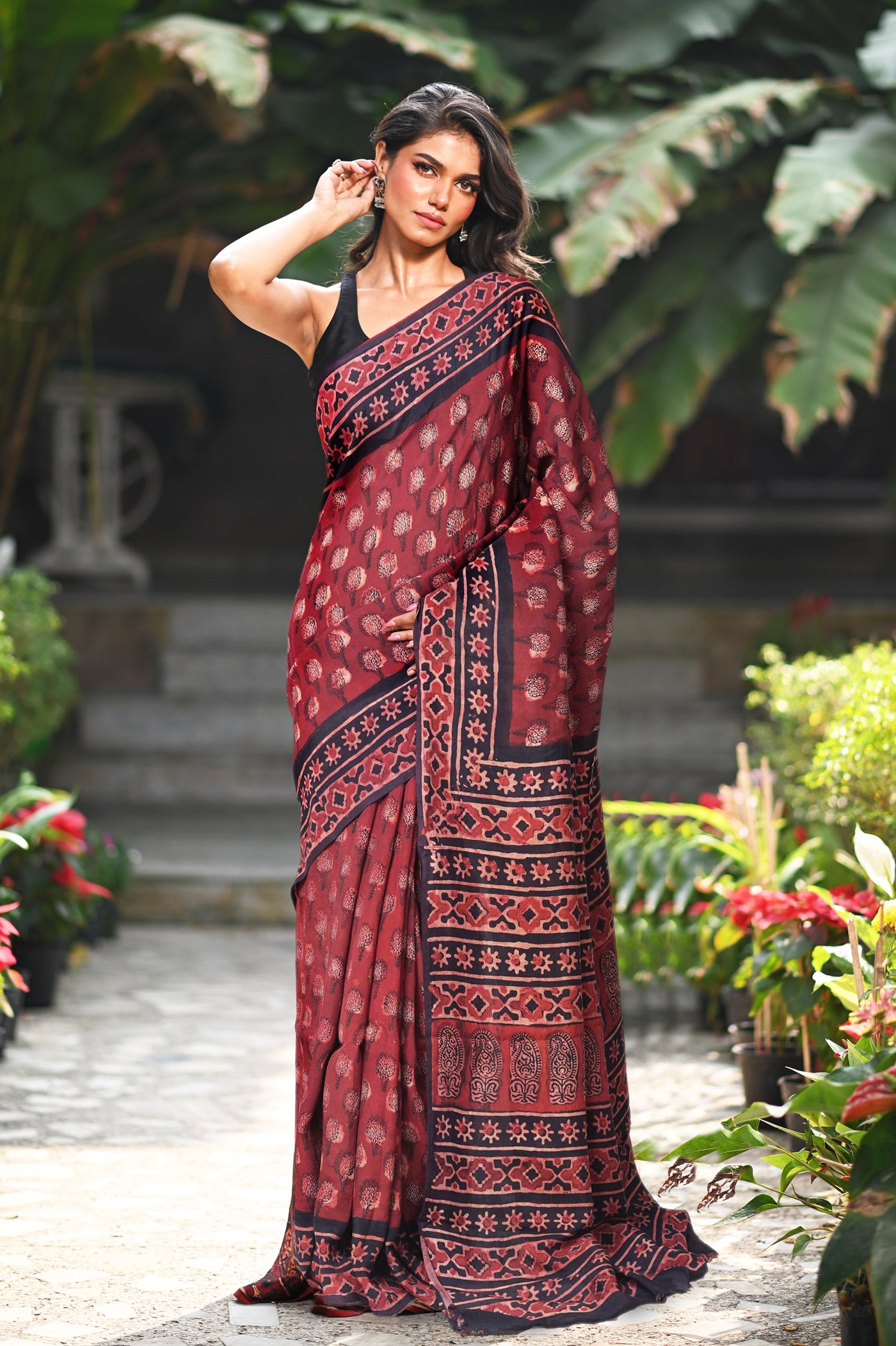 Maroon-Black Pure Ajrakh Printed Soft Silk Saree-UNM82312