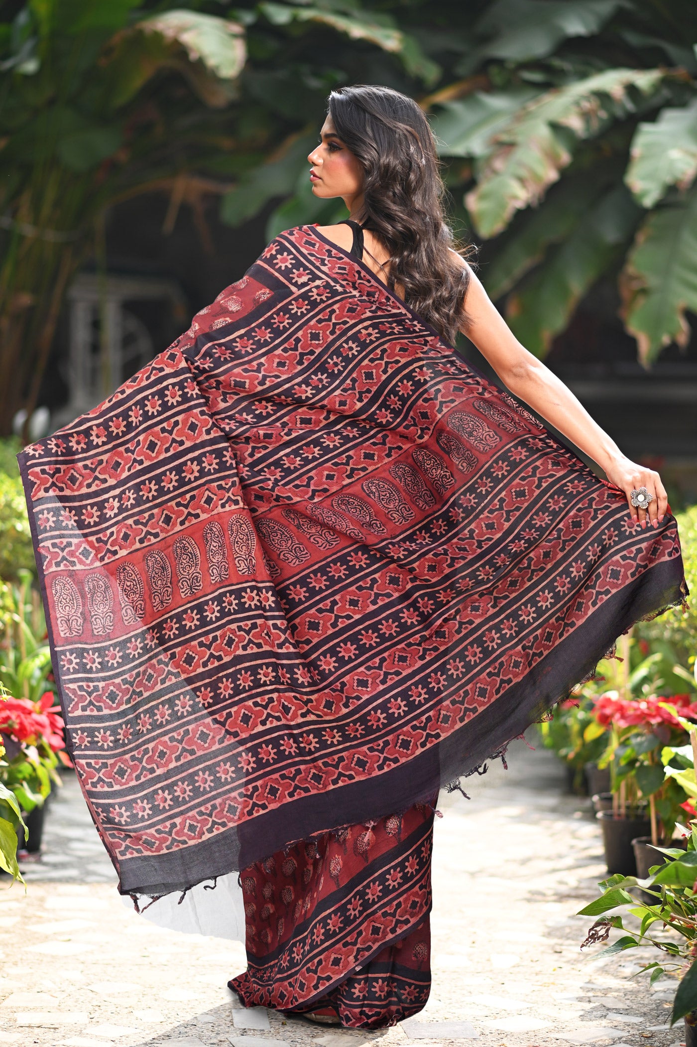 Maroon-Black Pure Ajrakh Printed Soft Silk Saree-UNM82312