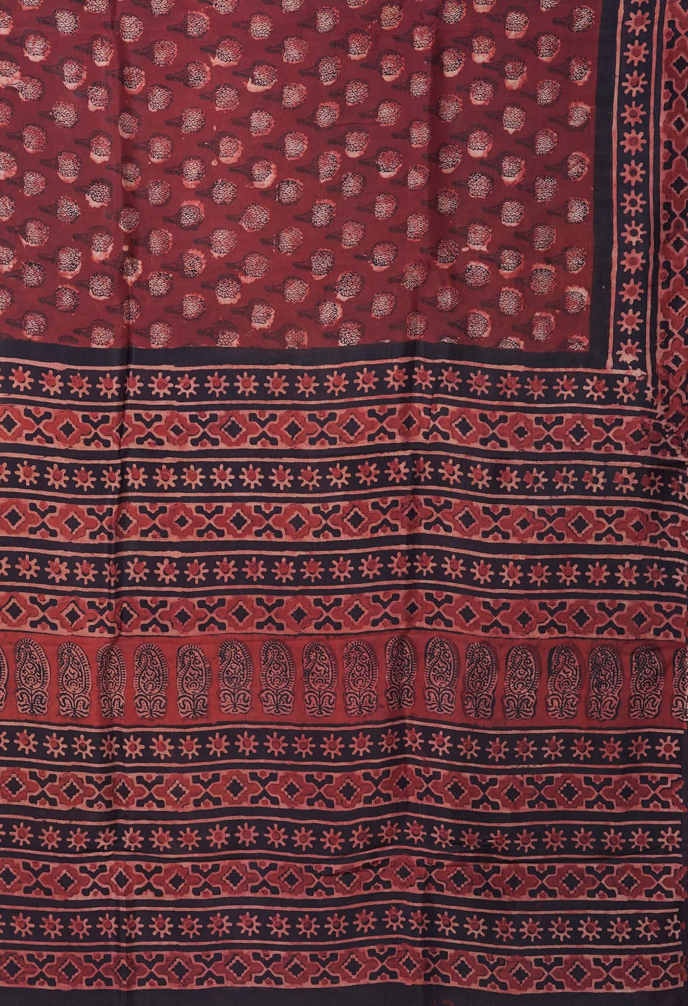 Maroon-Black Pure Ajrakh Printed Soft Silk Saree-UNM82312