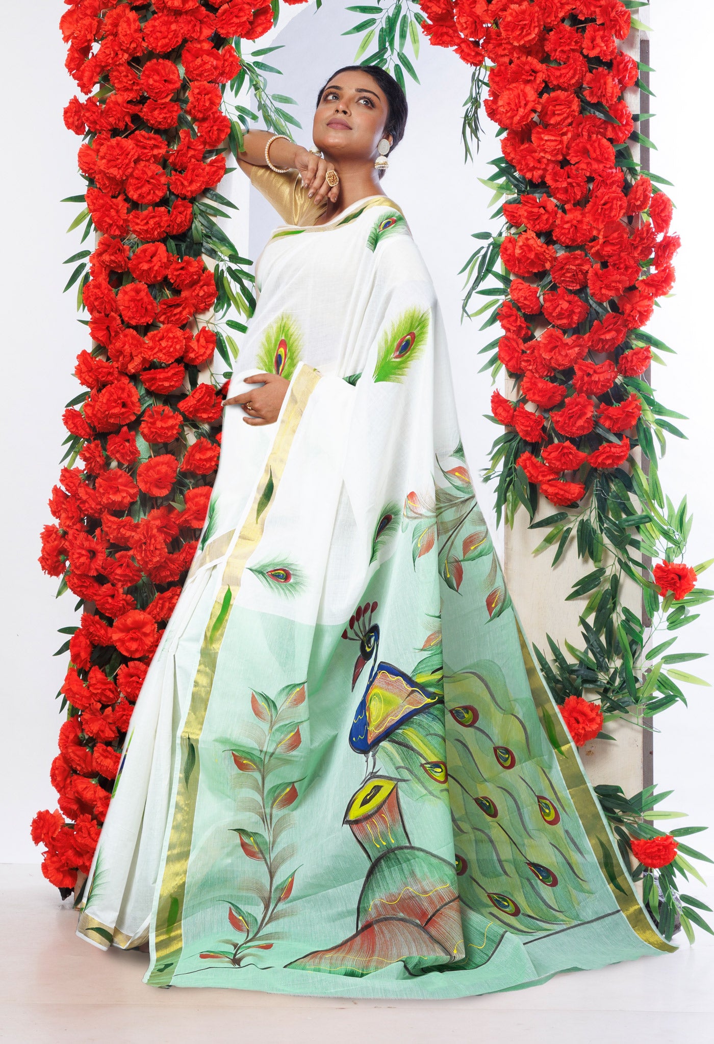 Ivory-Mint Green Pure Brush Painted Kerala Kasavu Cotton Saree-UNM82329
