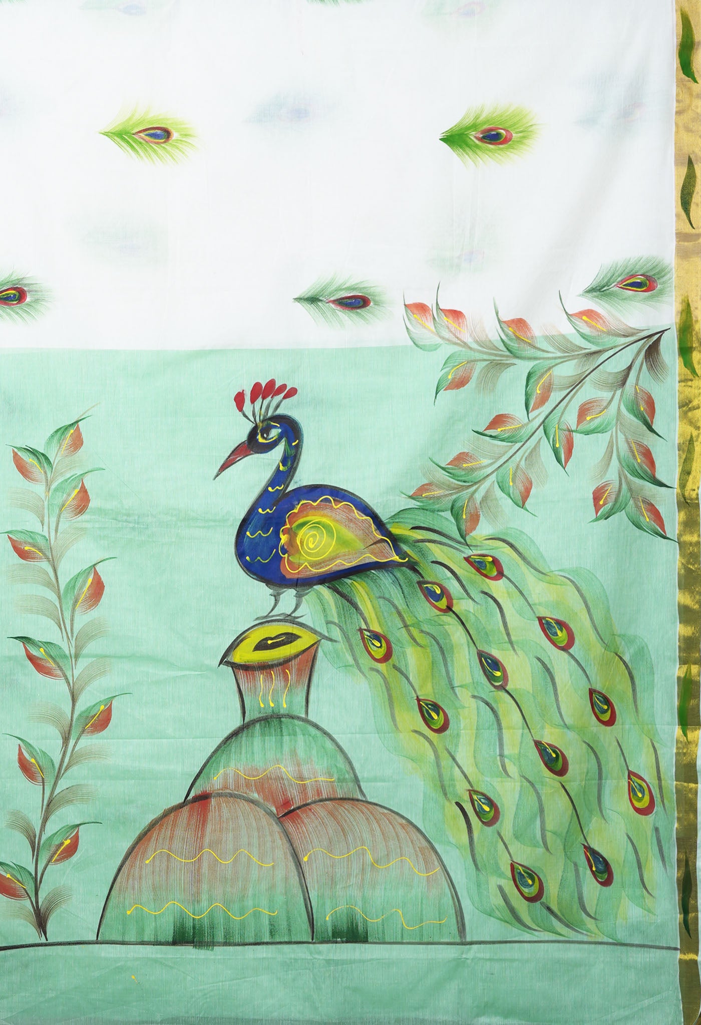 Ivory-Mint Green Pure Brush Painted Kerala Kasavu Cotton Saree-UNM82329